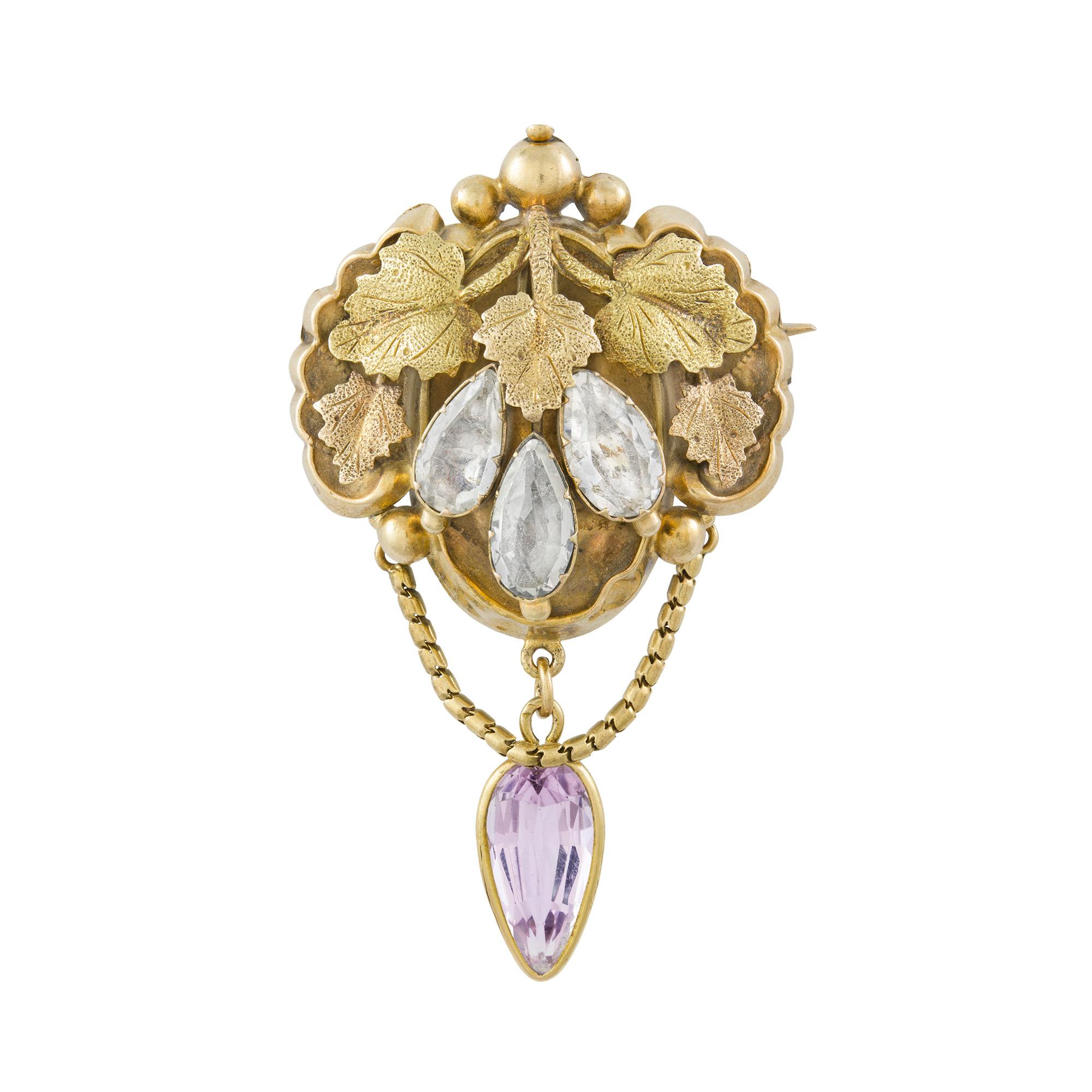 Pear Cut Late Georgian Gold and Gemset Brooch For Sale