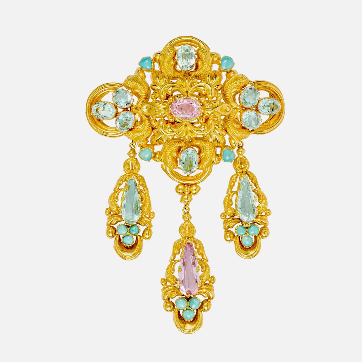 George IV Late Georgian Gold Aquamarine, Topaz and Turquoise Suite For Sale