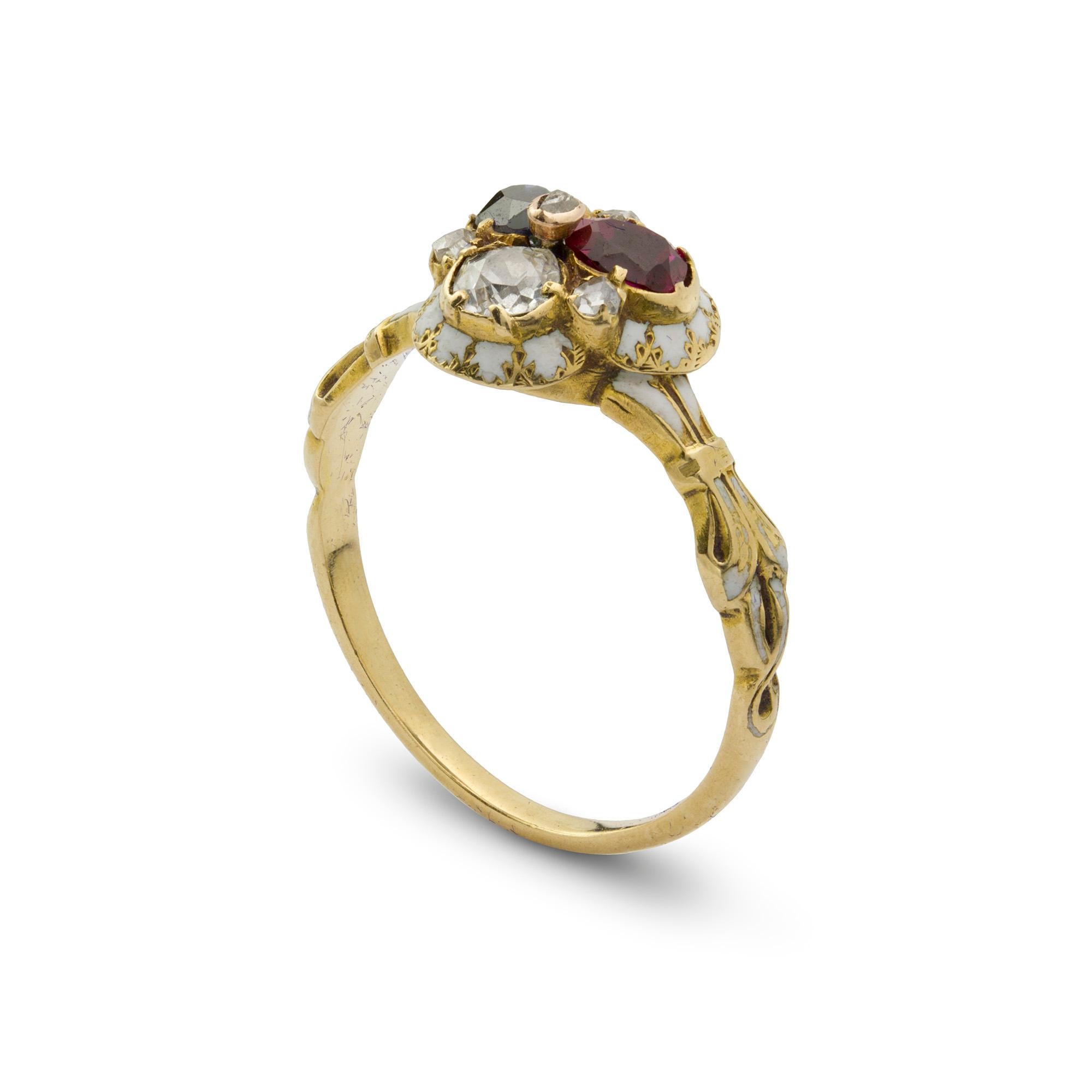 A late Georgian ruby, sapphire and diamond enamel ring, set to the centre ruby, sapphire and diamond set in a trefoil shape between four rose-cut diamonds in 18ct yellow gold to a white enamel and gold engraved border leading to decorative white