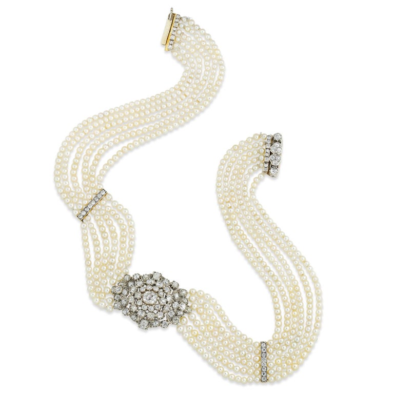 George III Late Georgian Six-Row Natural Pearl and Diamond Collar Necklace For Sale