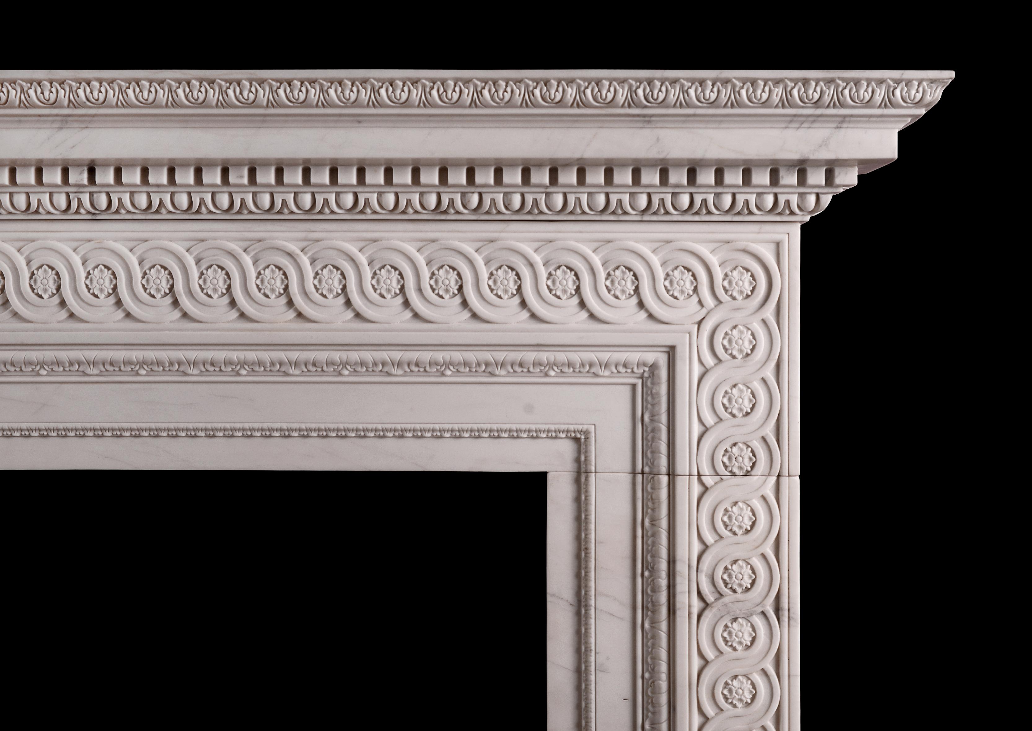 English Late Georgian Style Fireplace Carved in White Marble For Sale