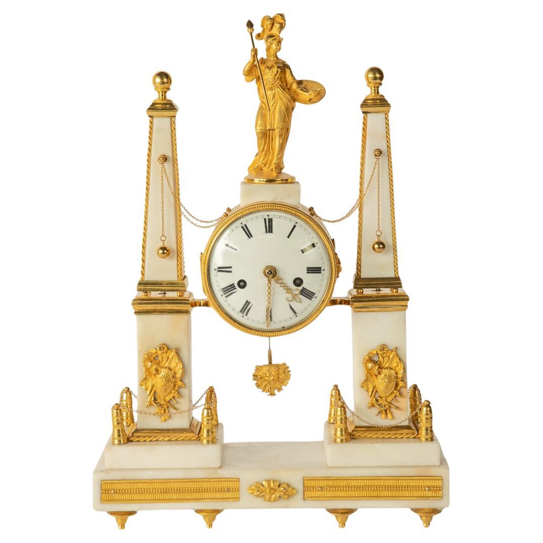 A late Louis XVI marble and ormolu portico clock For Sale
