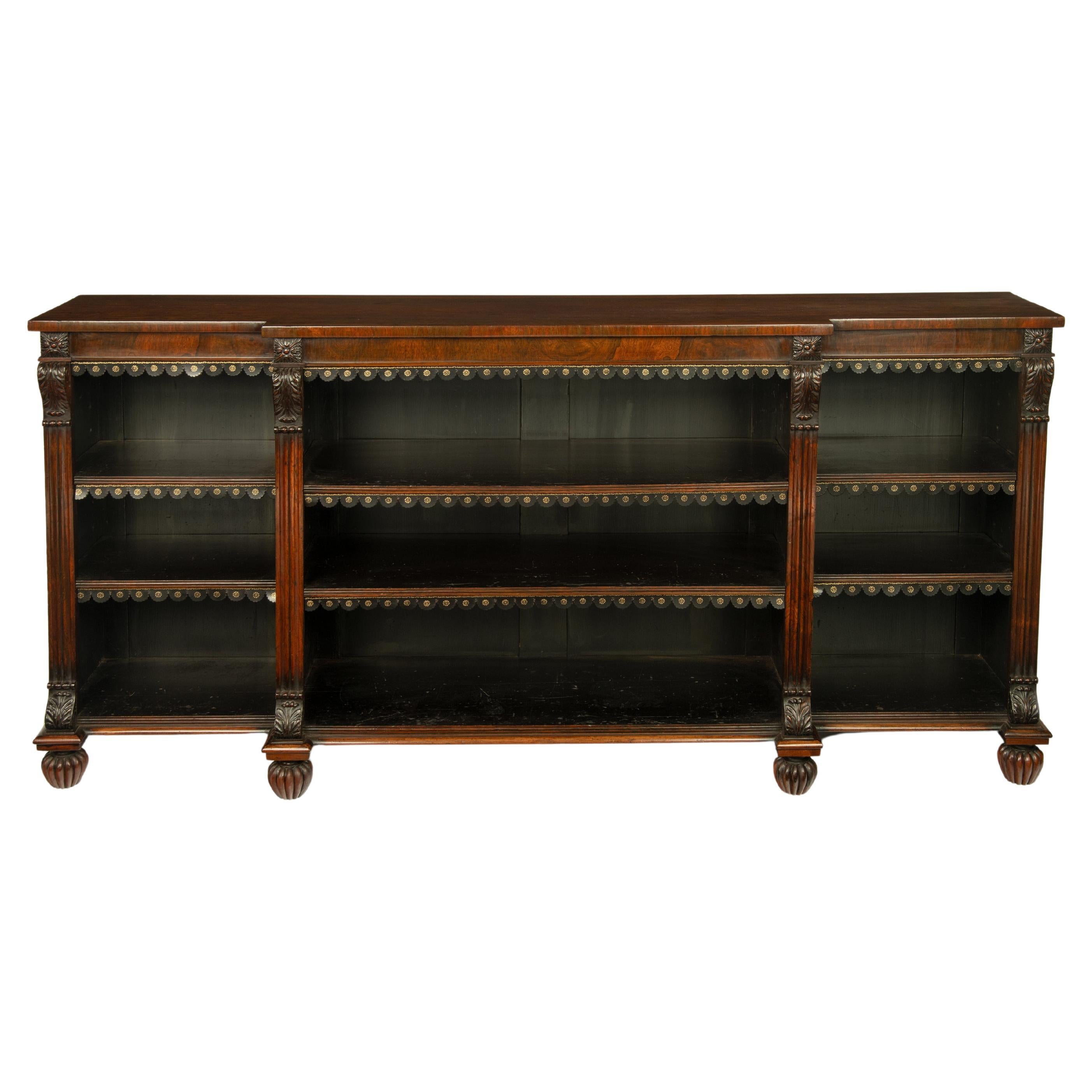 Late Regency Rosewood Breakfront Open Bookcase, Attributed to Gillows