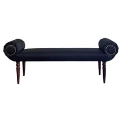 A Late Regency Upholstered Scroll End Bench with Black Horsehair Covering