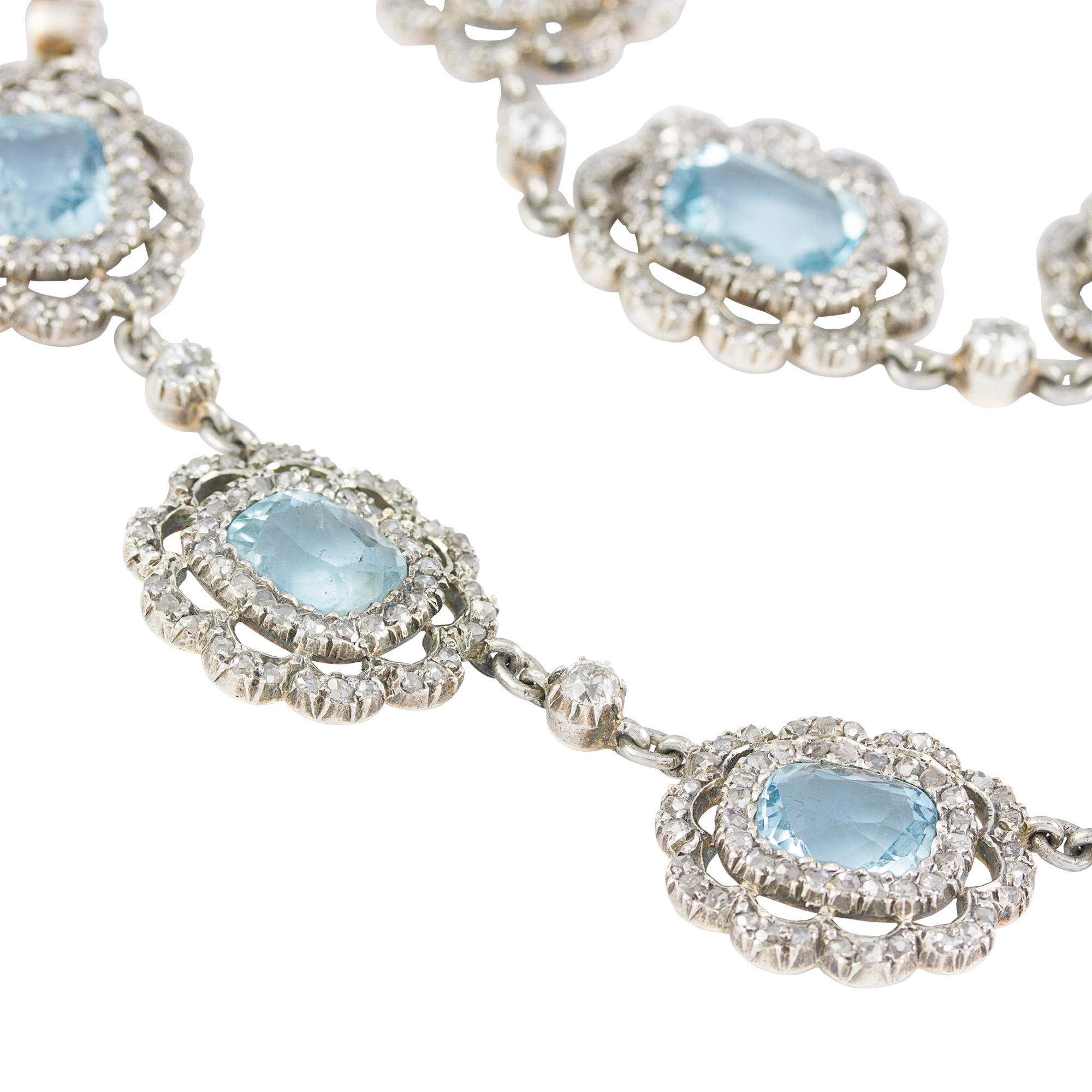 Antique Cushion Cut Late Victorian Aquamarine and Diamond Cluster Necklace