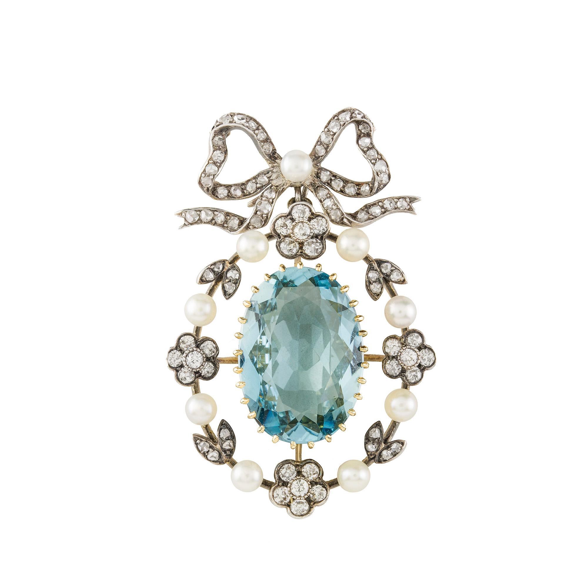 Oval Cut Late Victorian Aquamarine, Diamond and Pearl Pendant