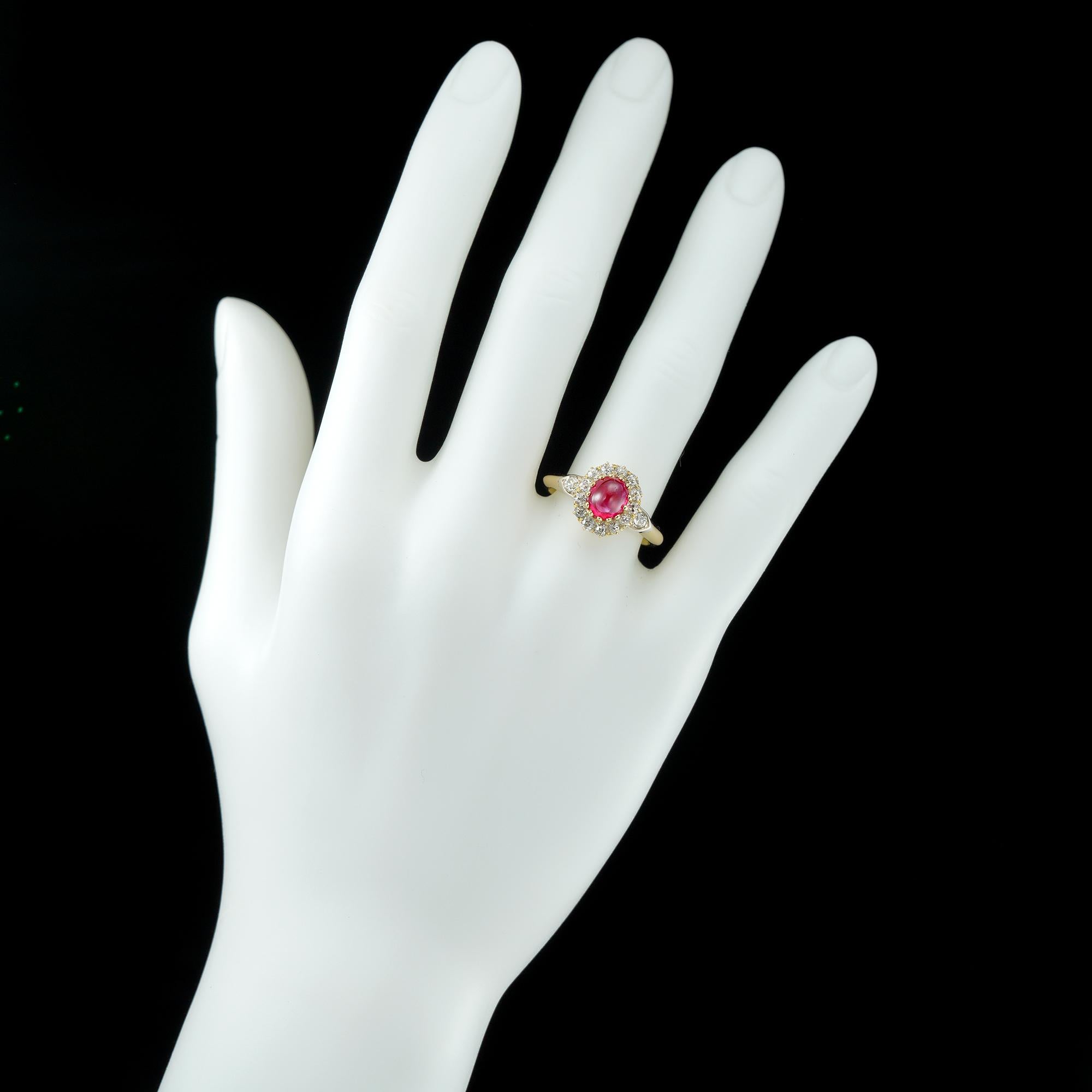 Women's or Men's Late Victorian Cabochon Ruby and Diamond Cluster Ring