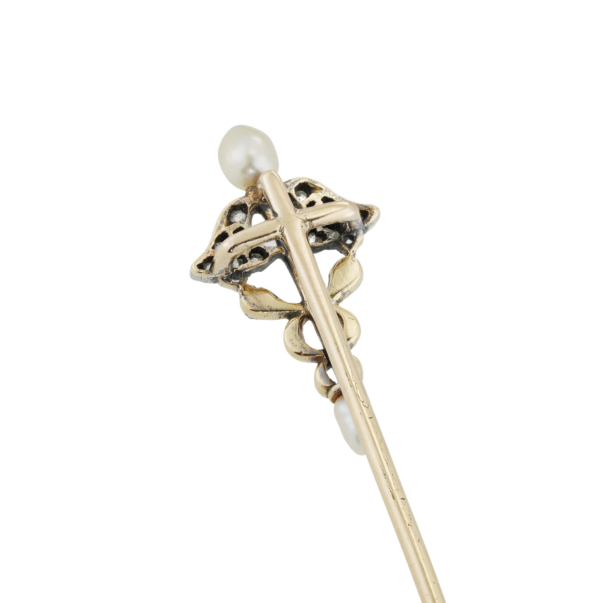 Rose Cut A Late Victorian Caduceus Pearl And Diamond Stick-pin For Sale
