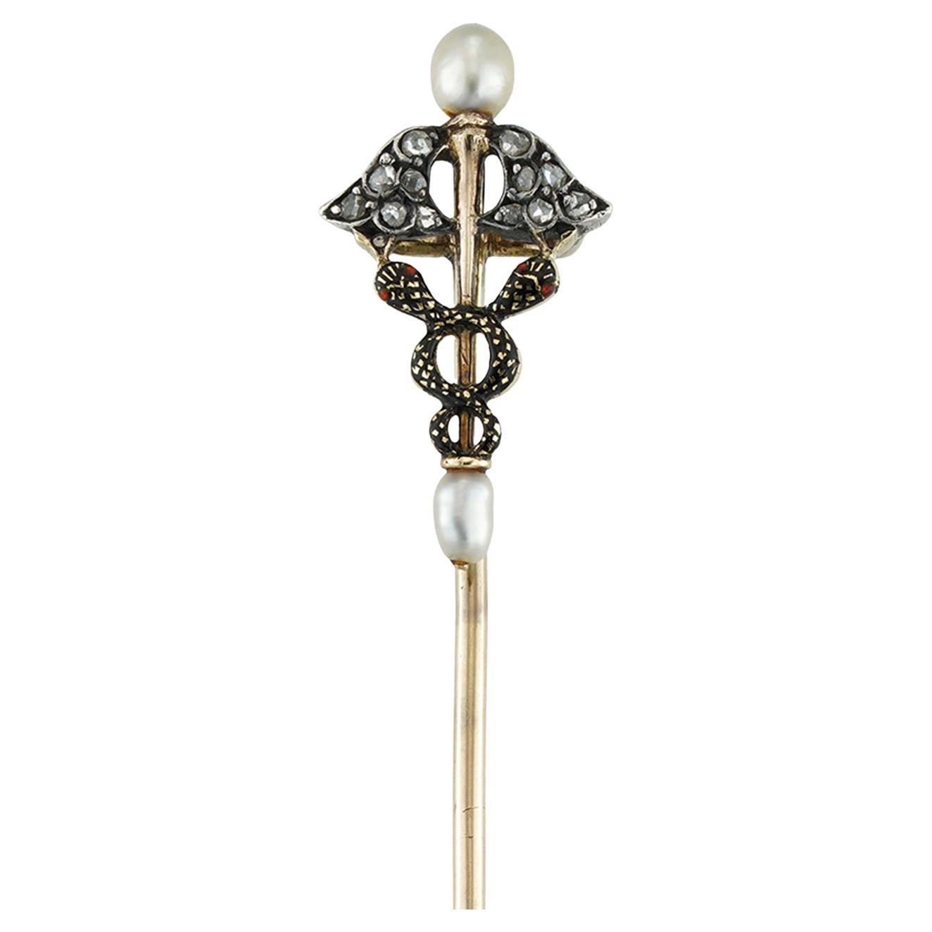 A Late Victorian Caduceus Pearl And Diamond Stick-pin For Sale