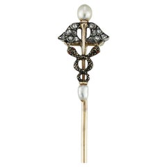 A Late Victorian Caduceus Pearl And Diamond Stick-pin