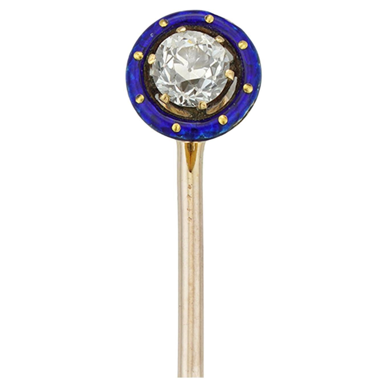 A late Victorian diamond and blue enamel stick pin For Sale
