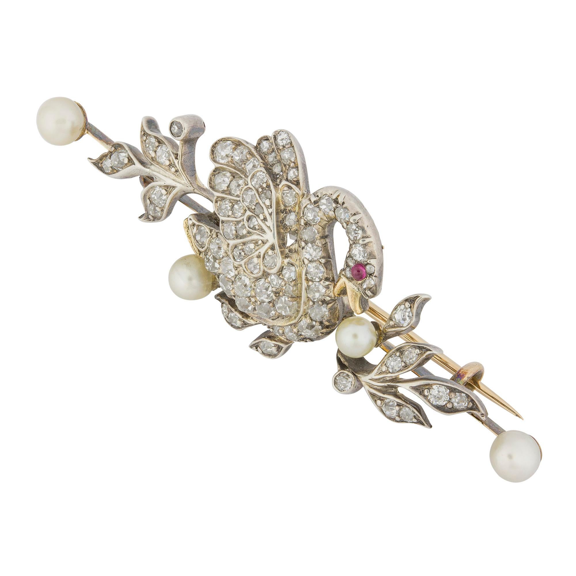 A late Victorian diamond and pearl brooch, in the form of an old-cut diamond encrusted swan with ruby cabochon eye, sitting amongst a meandering old-cut diamond and pearl foliate spray, all silver set to a yellow gold mount and knife edge bar brooch