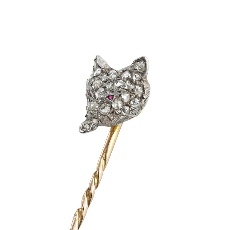 Rose Cut Late Victorian Diamond-Set Fox Stick-Pin For Sale