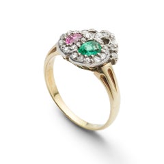 Late Victorian Emerald, Ruby and Diamond Twin Heart Ring