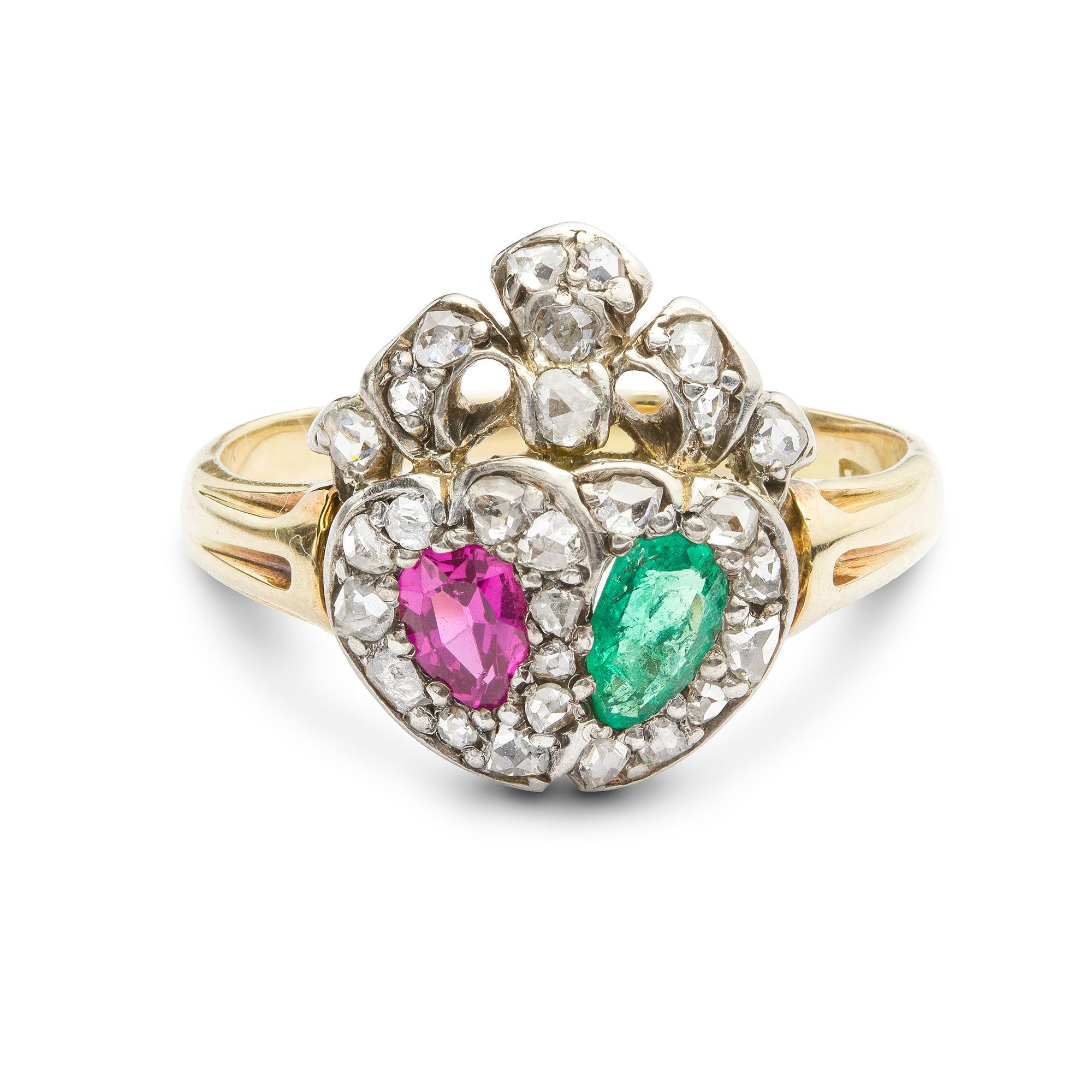 Pear Cut Late Victorian Emerald, Ruby and Diamond Twin Heart Ring For Sale