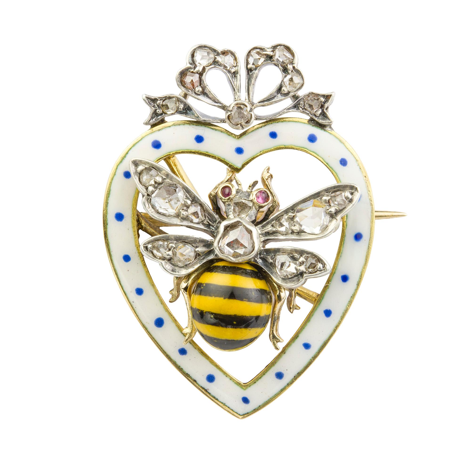 Late Victorian Enamel and Diamond Bee Brooch In Excellent Condition In London, GB