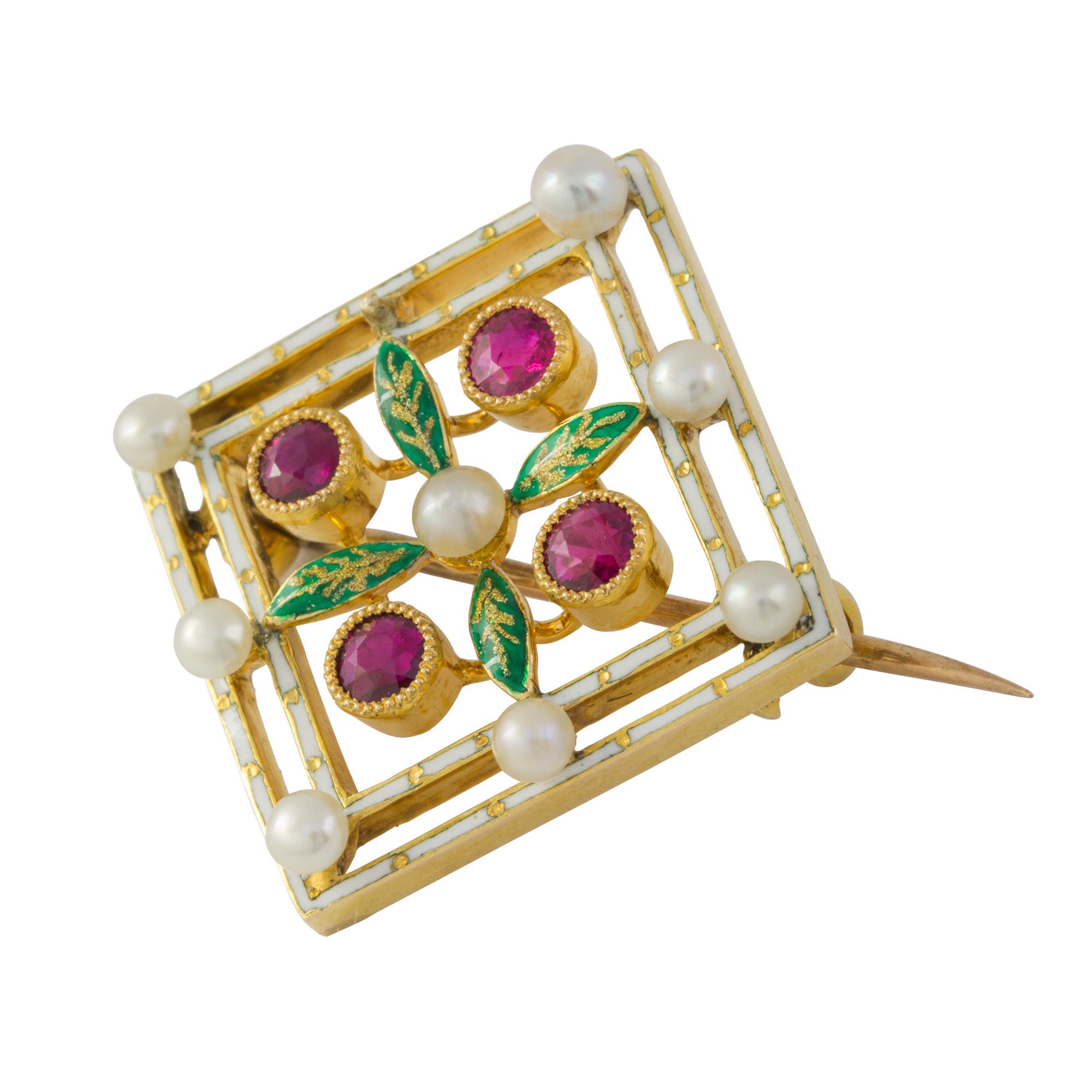 A late Victorian enamel pearl and ruby brooch, the central pearl surrounded by four round faceted rubies millegrain set in yellow gold with four green enamel leaves in between, all to a square white enamel double frame set with eight pearls, all to