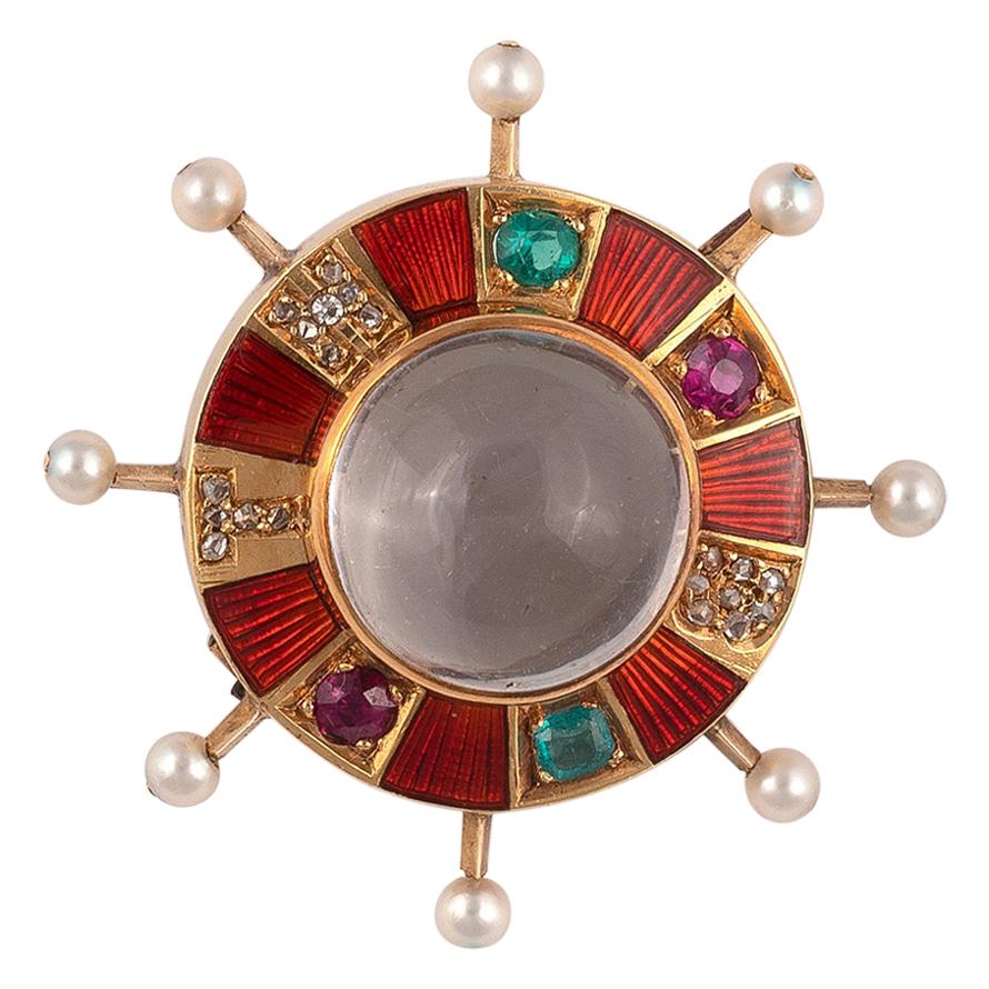 Old European Cut Late Victorian Moonstone Diamond Ruby Emerald and Pearl Brooch