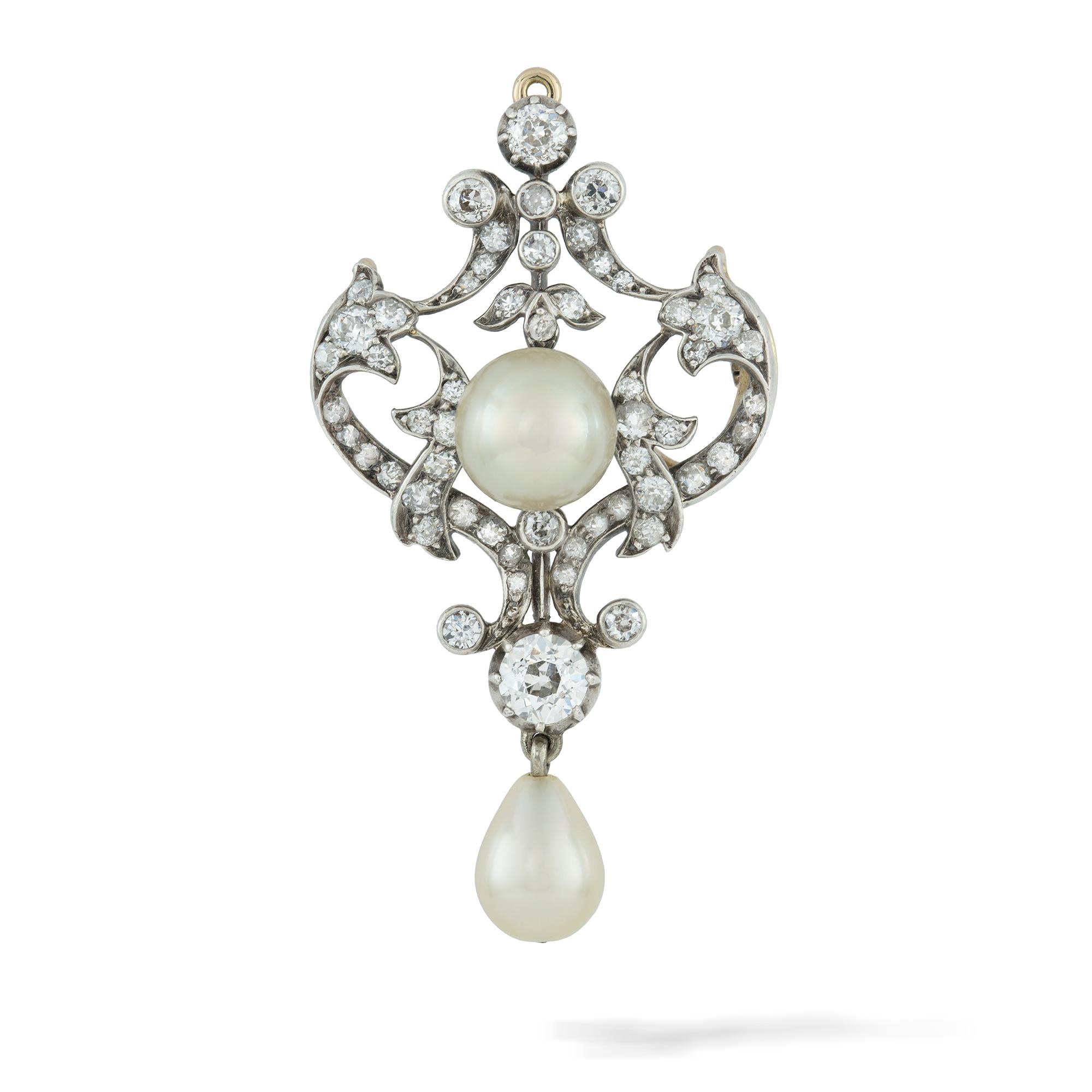 Late Victorian Natural Pearl and Diamond Brooch/Pendant In Good Condition For Sale In London, GB