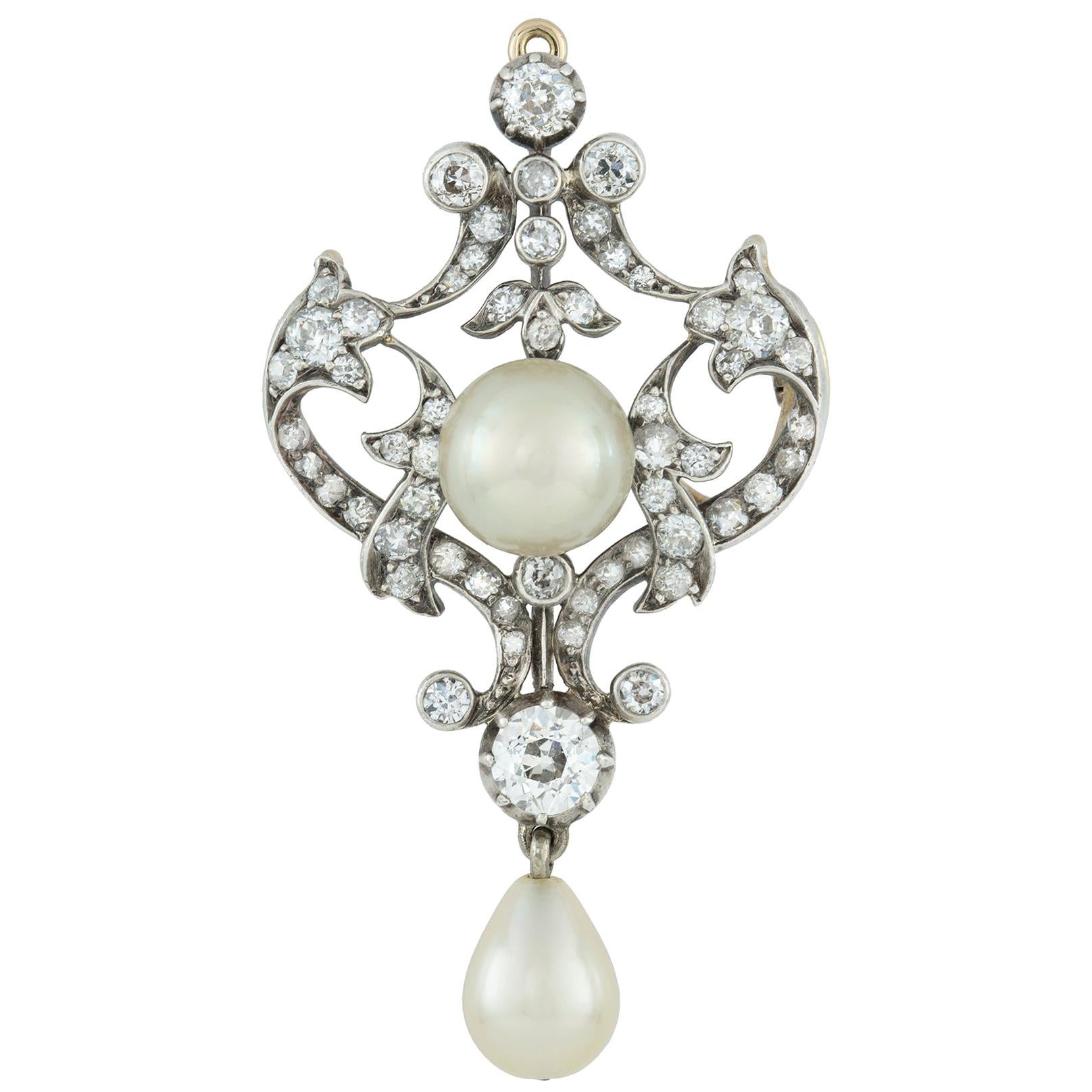 Late Victorian Natural Pearl and Diamond Brooch/Pendant For Sale