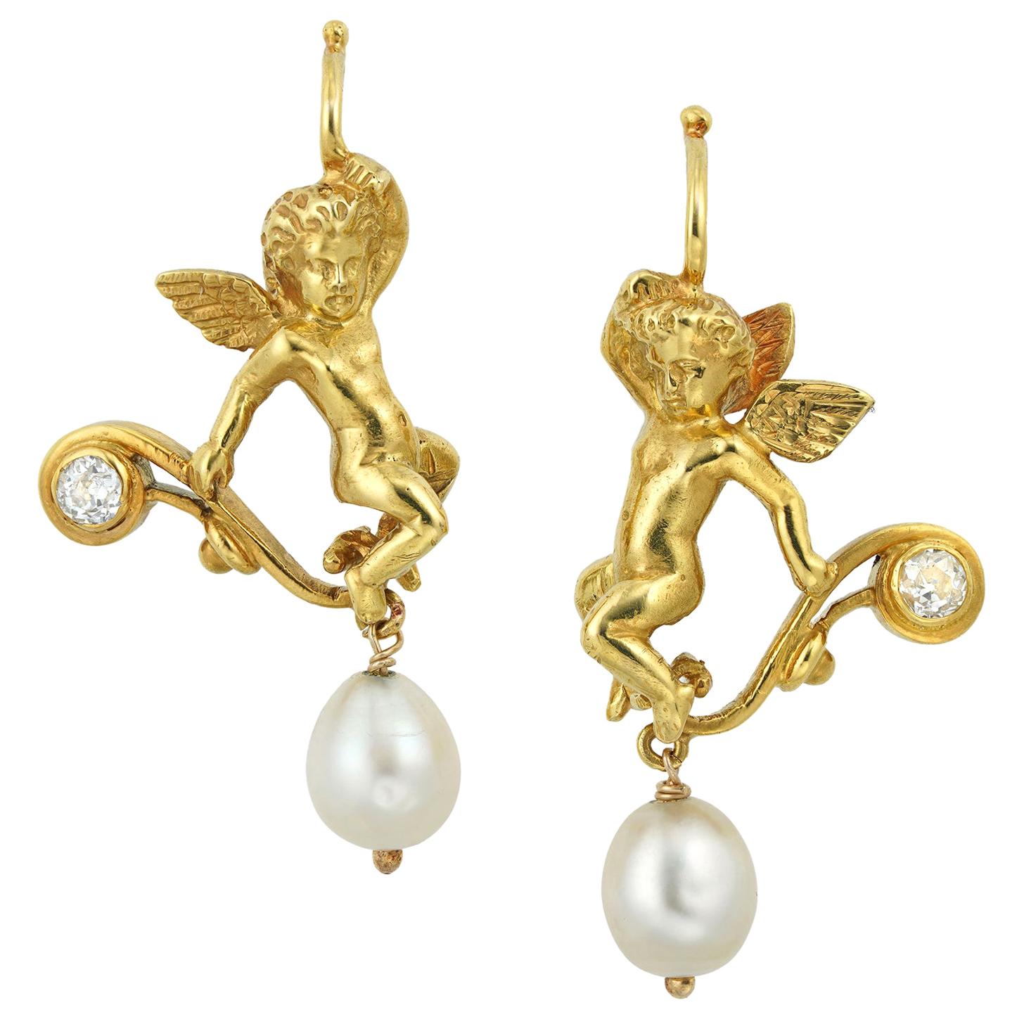 Late Victorian Pair of Natural Pearl and Diamond Earrings
