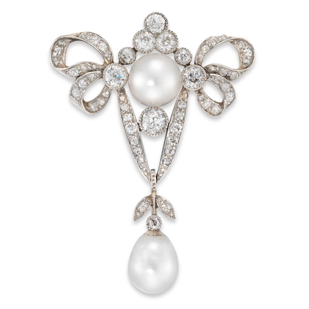 Old European Cut Late Victorian Pearl and Diamond Bow Brooch For Sale