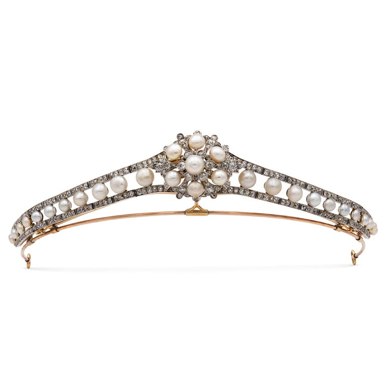 Old European Cut Late Victorian Pearl and Diamond Tiara For Sale