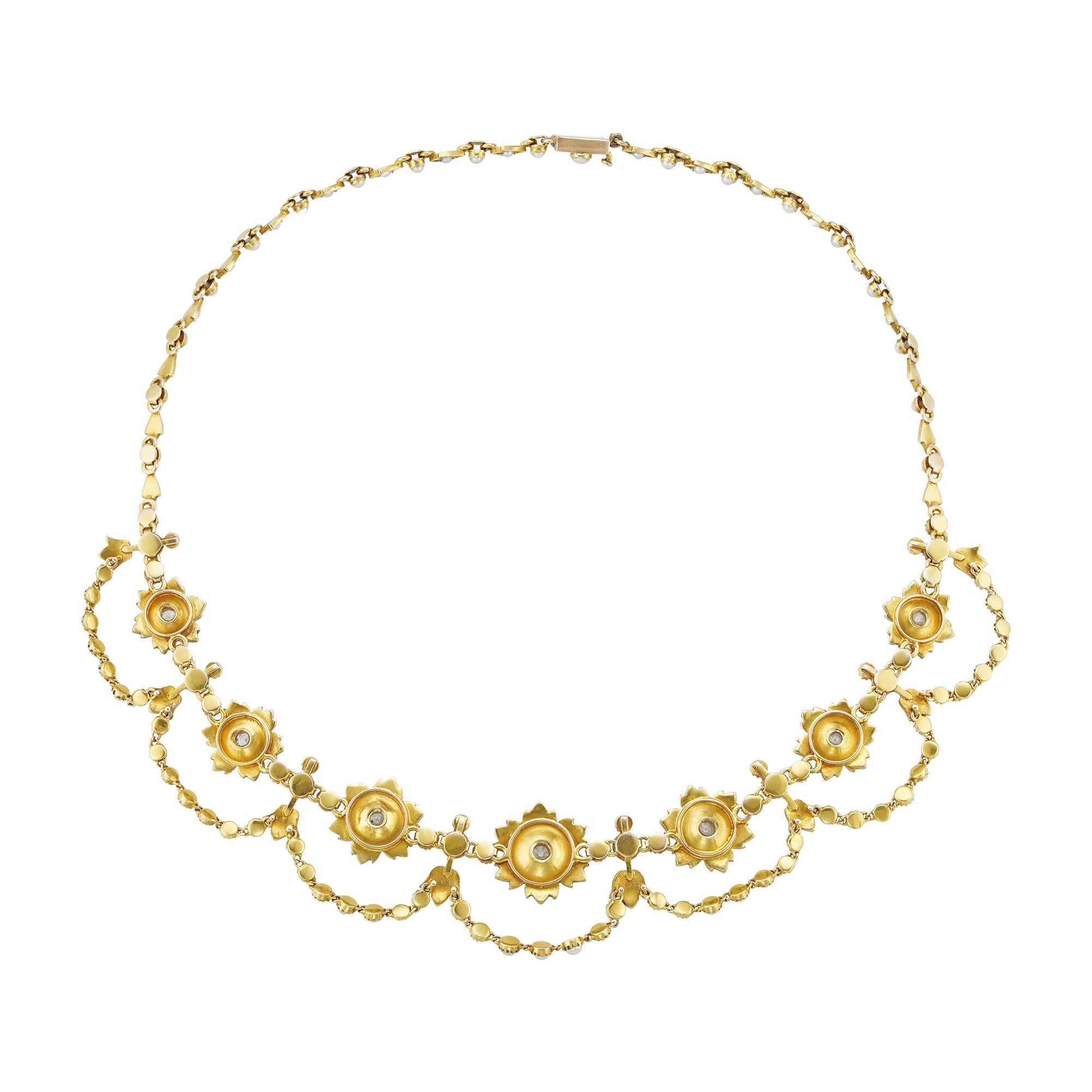 Spätviktorianische Halskette aus Perlen, Diamanten und Gold (Alteuropäischer Schliff) im Angebot
