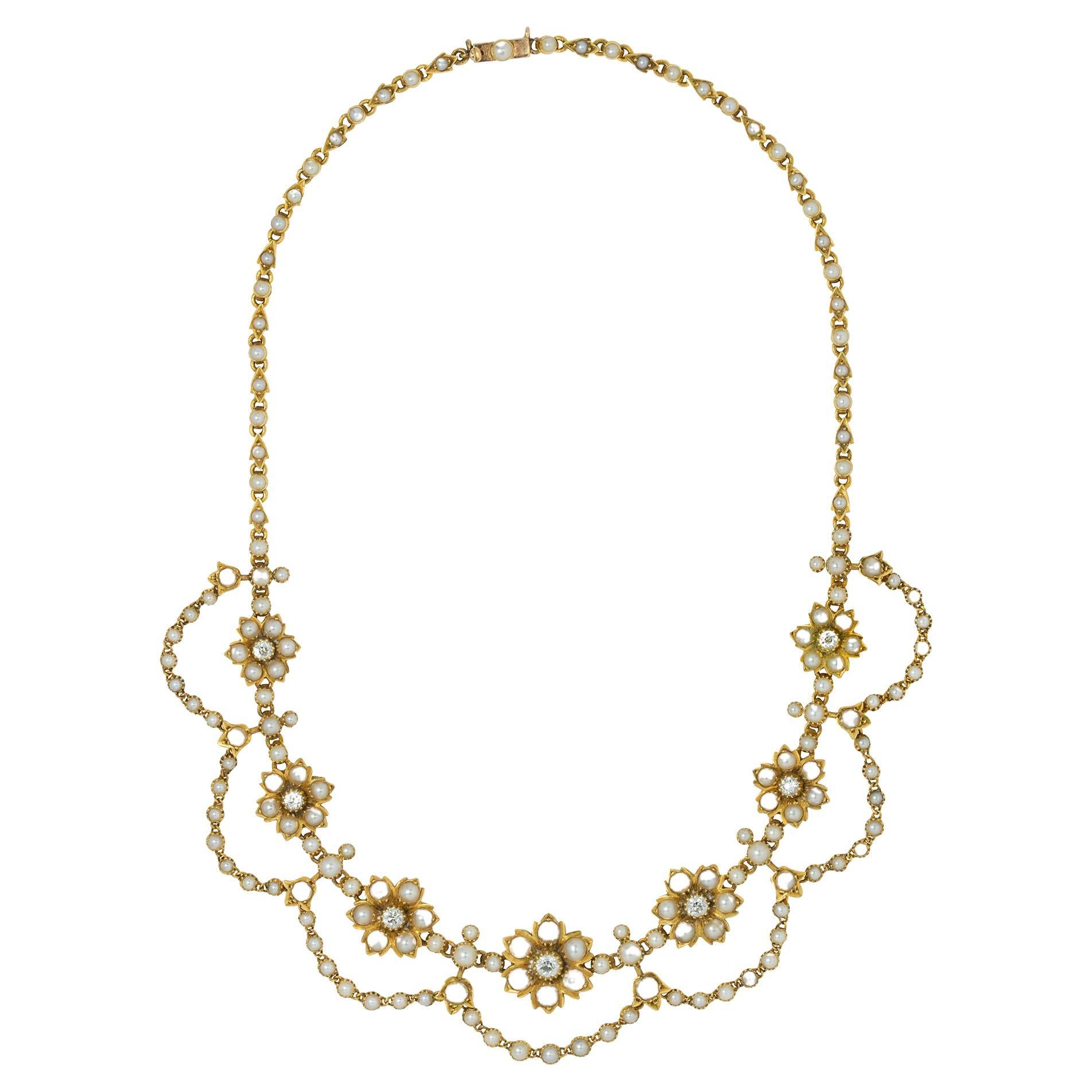 Collana tardo-vittoriana di perle, diamanti e oro in vendita