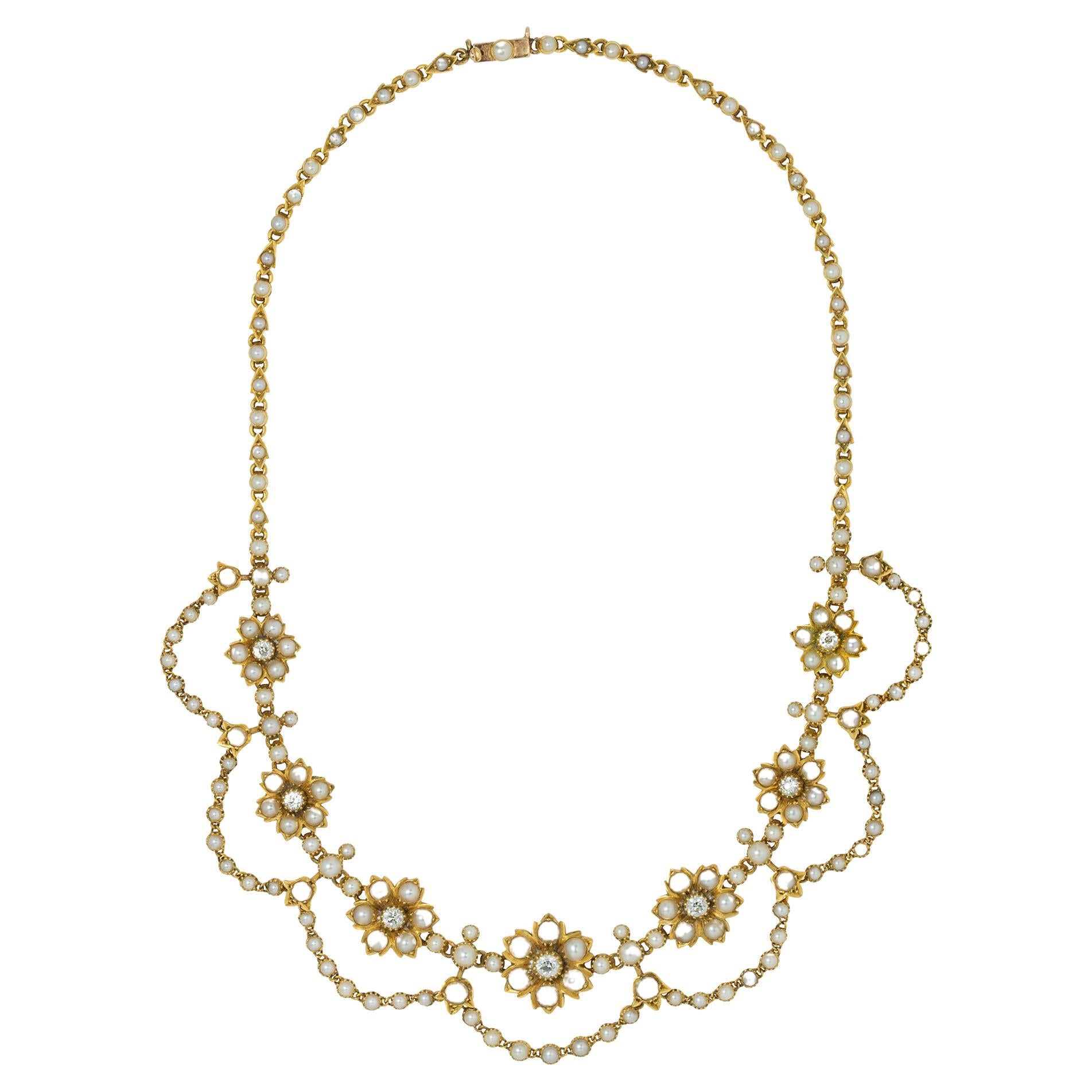 Late Victorian Pearl, Diamond and Gold Necklace For Sale