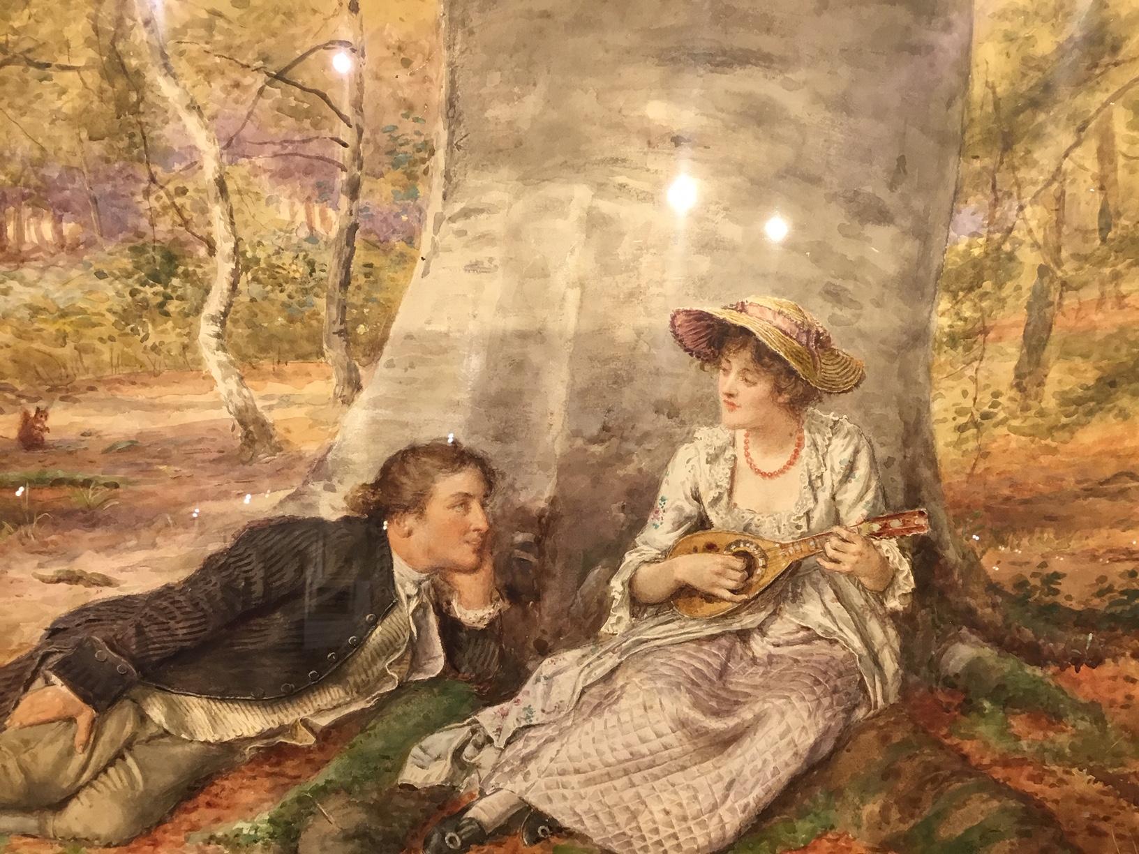 A late Victorian Period English watercolor depicting a romantic couple relaxing within a woodland setting, signed and is housed within a contemporary gilt wood and gesso frame. English circa 1890

Dimensions: Frame 27