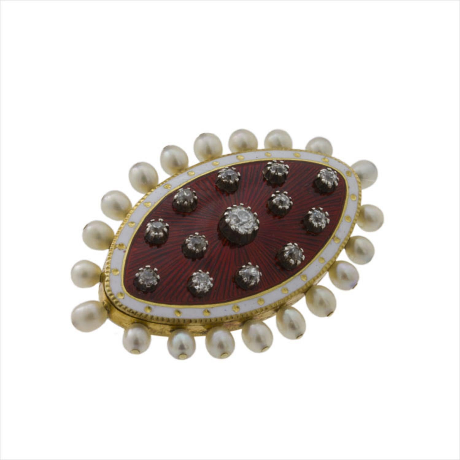 A late Victorian red enamel lozenge-shaped brooch, thirteen old-cut diamonds  set on silver cut-down settings to a red background, surrounded by a white enamel boarder to a pearl surround, all to a yellow gold mount, circa 1880, measuring