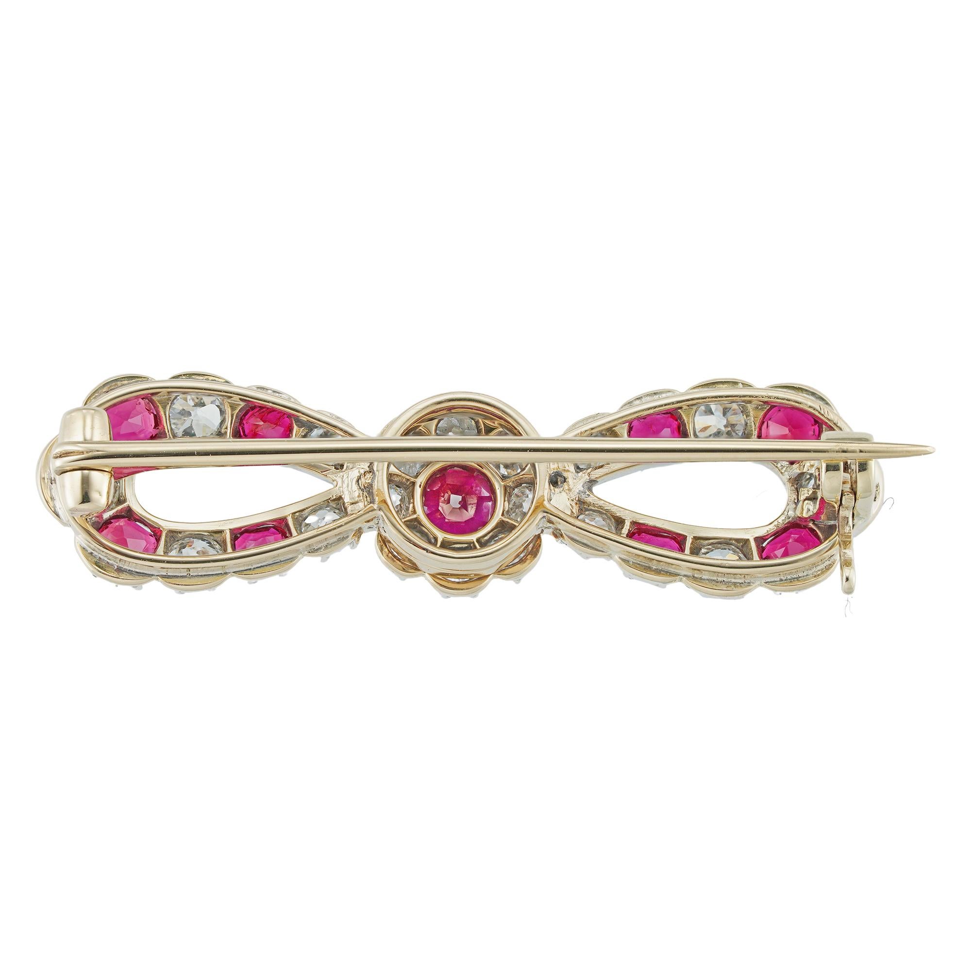 Brilliant Cut Late Victorian Ruby and Diamond Bow Brooch For Sale