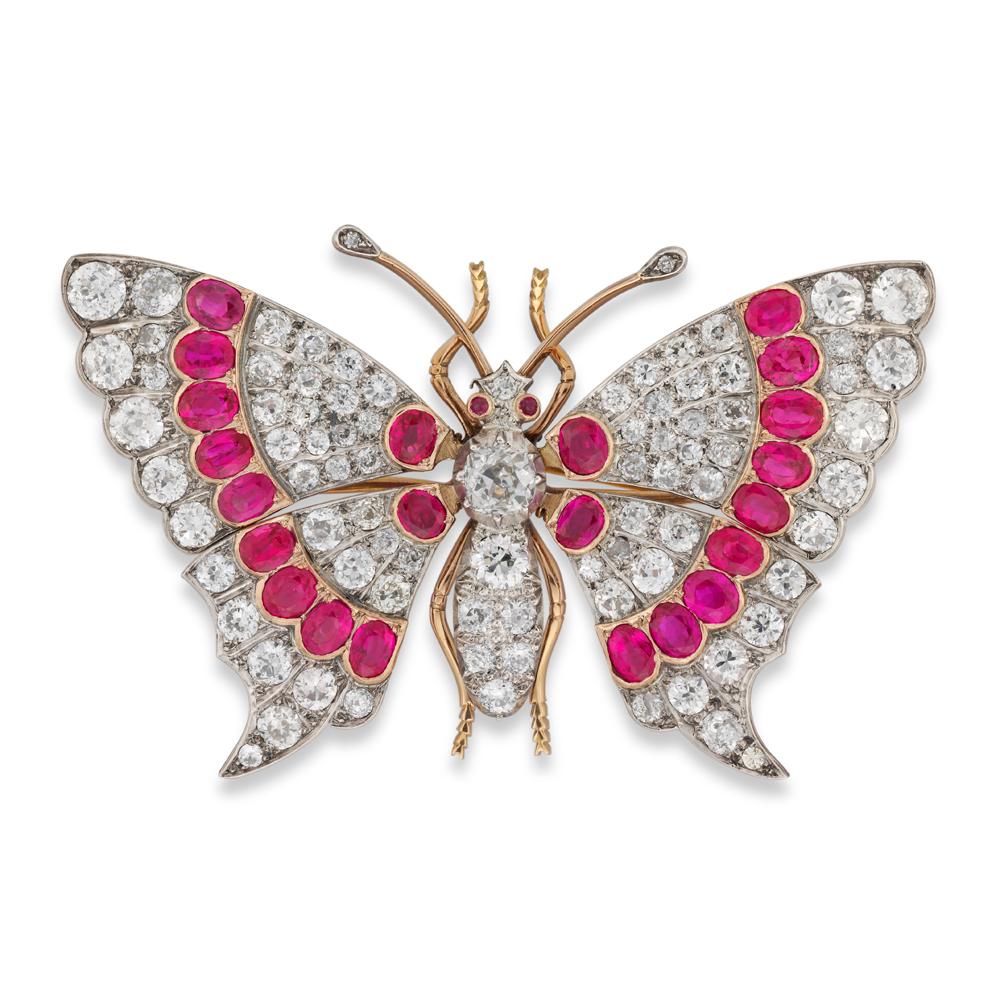 Old European Cut Late Victorian Ruby and Diamond Butterfly Brooch