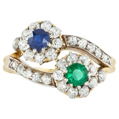Anillo victoriano tardío de zafiro, esmeralda y diamantes