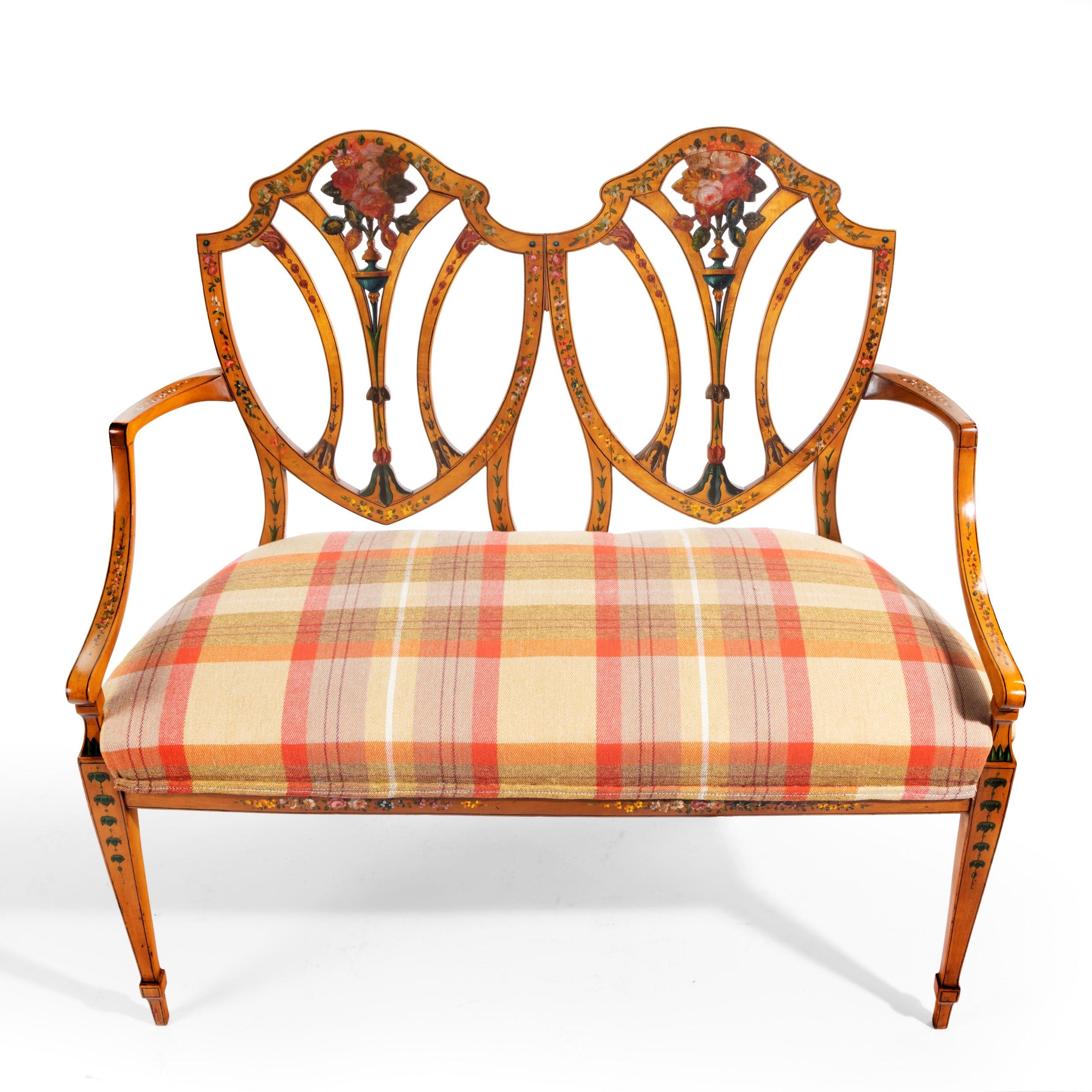 Late Victorian Sheraton Revival Painted Satinwood Two-Seat Settee For Sale 1