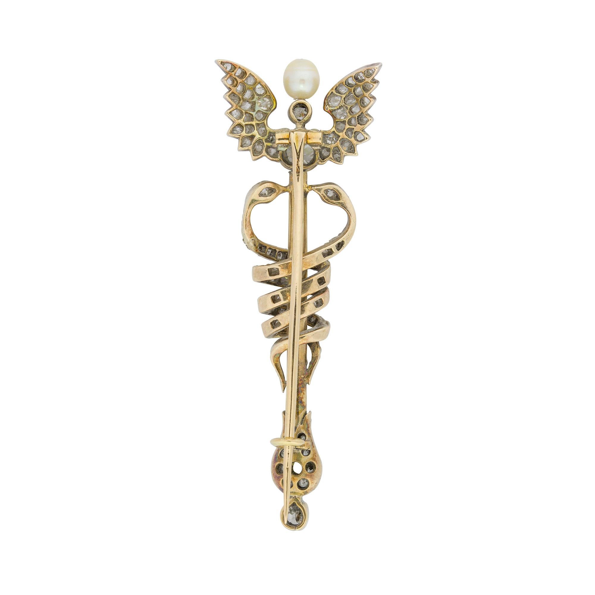 Rose Cut Late Victorian Yellow Gold and Diamond Caduceus Brooch For Sale