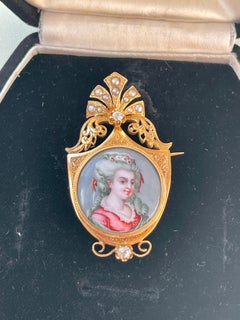 Miniature Portraits Diamonds Pearls Yellow Gold Double-sided French Brooch