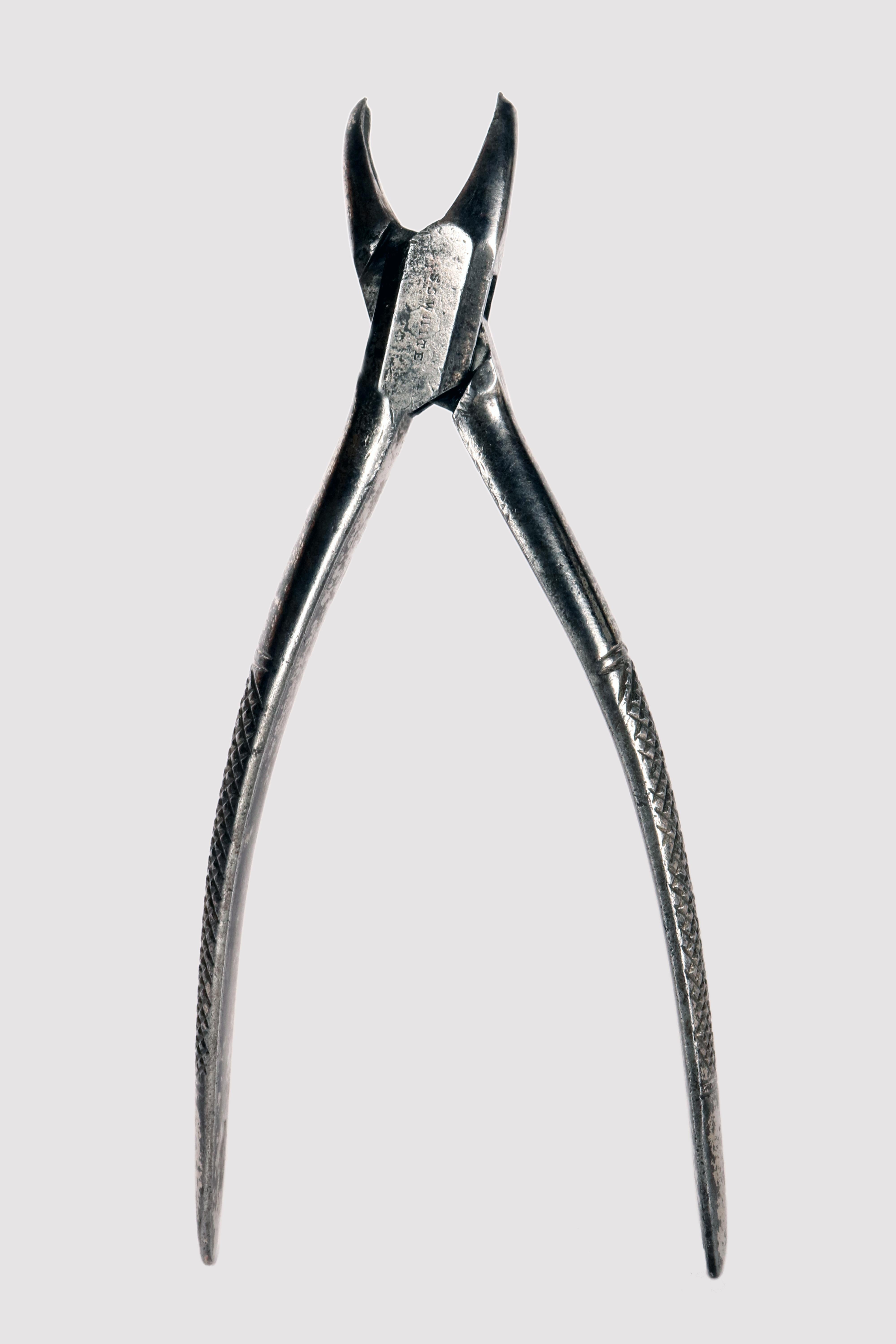 Ein Instrument für den zahnärztlichen Gebrauch. Ein Zahnextraktor aus dem späten 19. und frühen 20. Jahrhundert. Eine Eisenpinzette, die bei der Zahnextraktion verwendet wird. White Maker, H.C. Verteiler Kern. Amerikanische Produktion. Philadelphia,