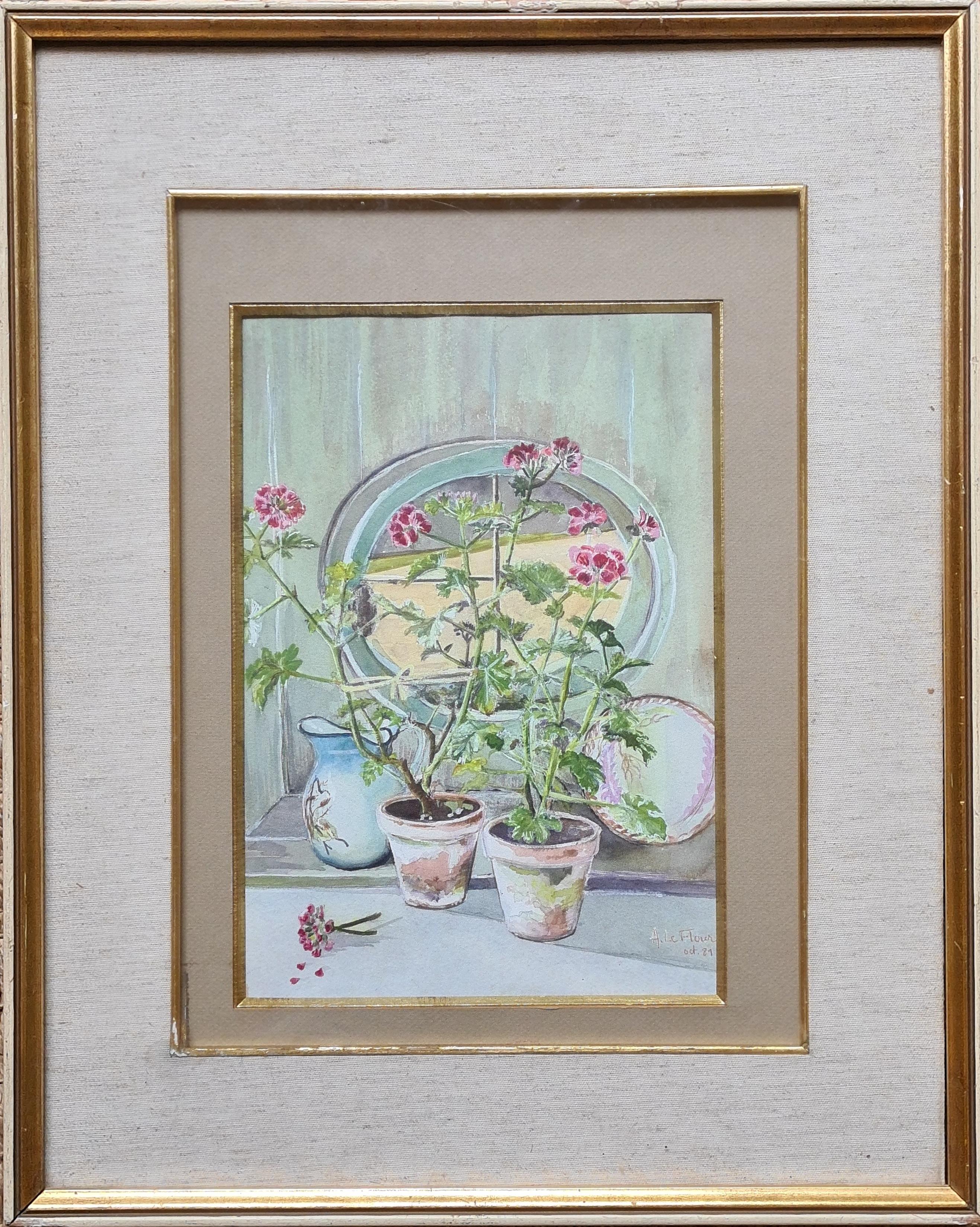 Still Life With Geraniums, French Interior Scene - Art by A Le Flour