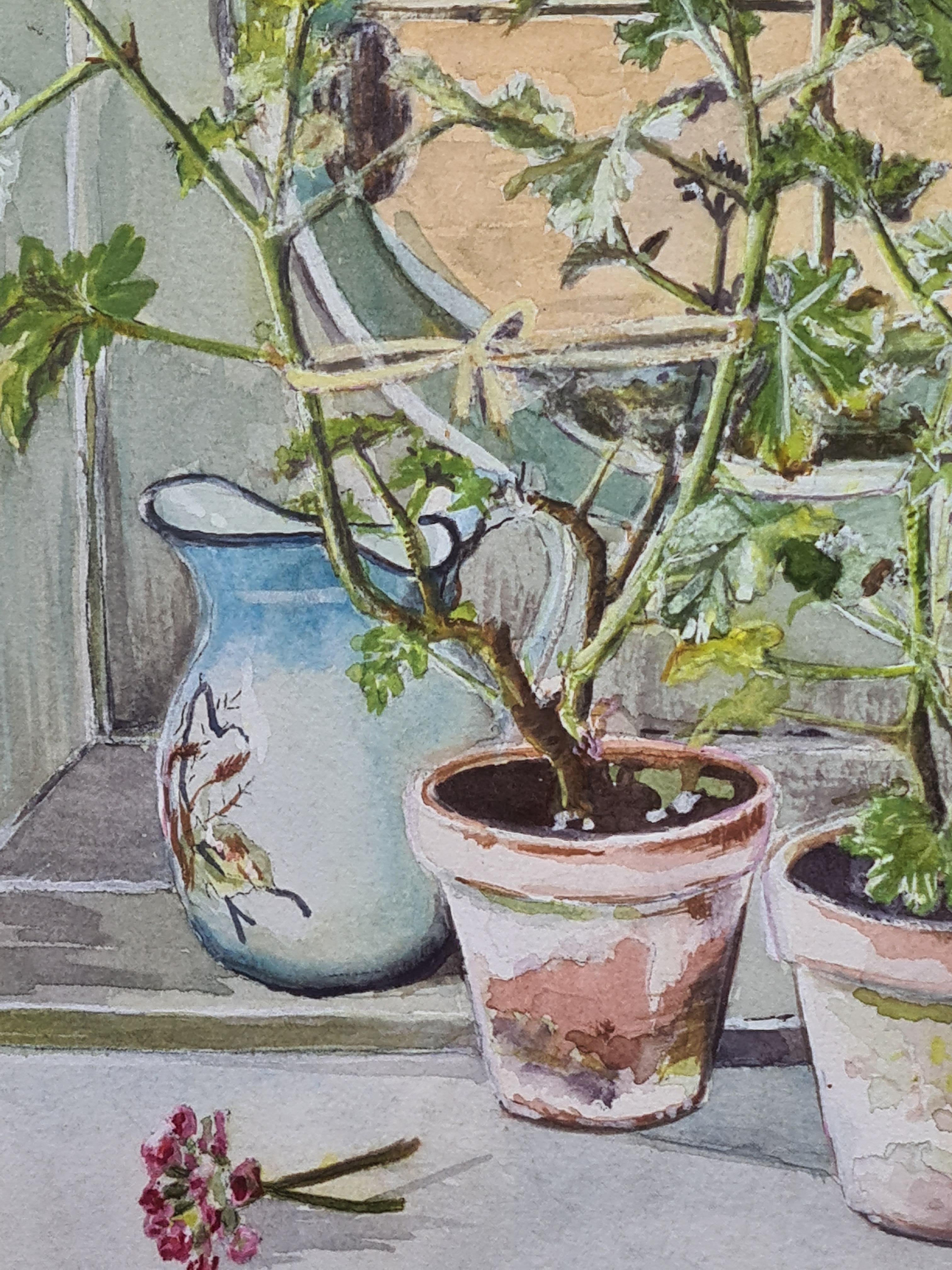 Still Life With Geraniums, French Interior Scene - Romantic Art by A Le Flour