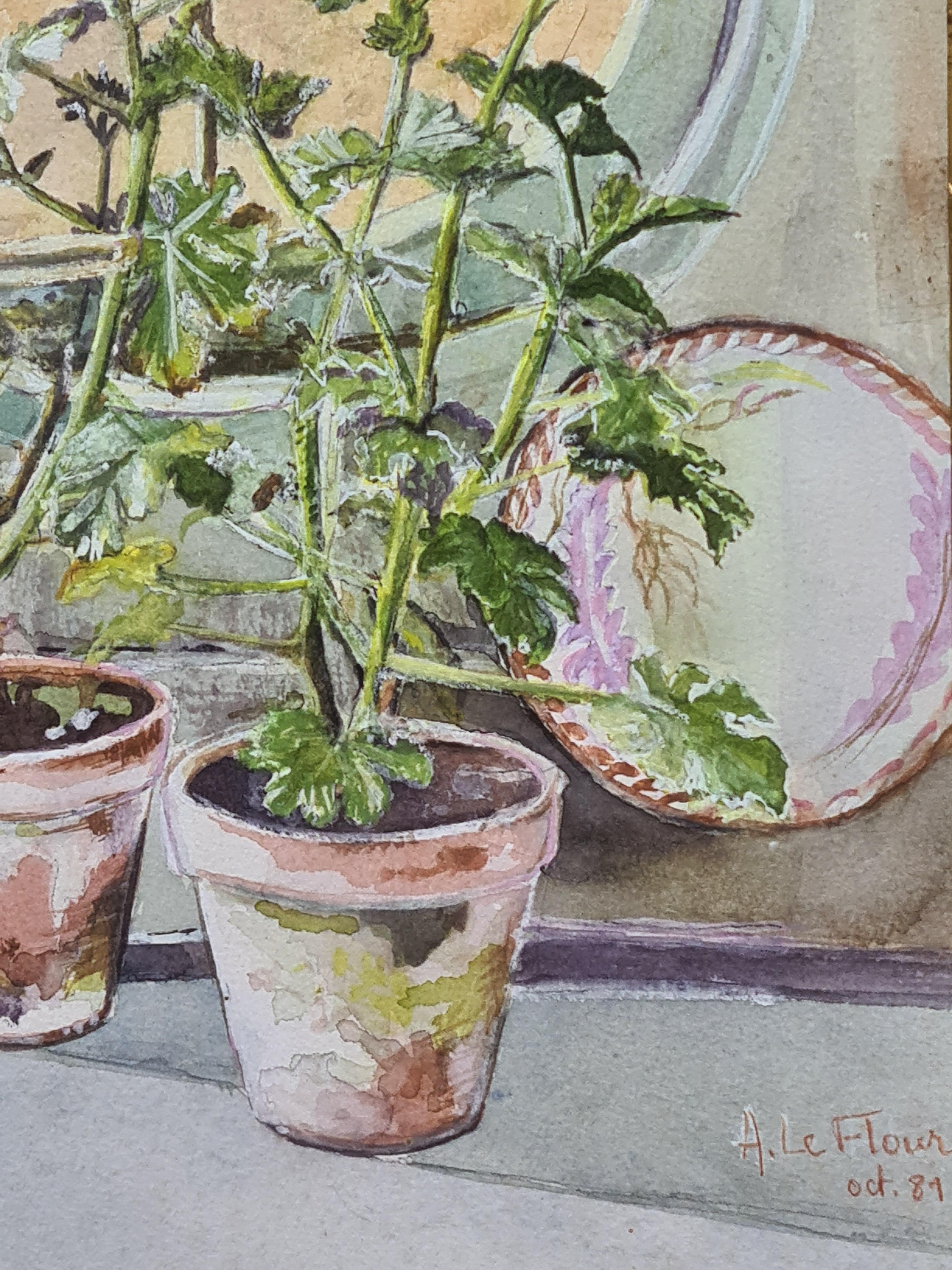 Still Life With Geraniums, French Interior Scene - Gray Interior Art by A Le Flour