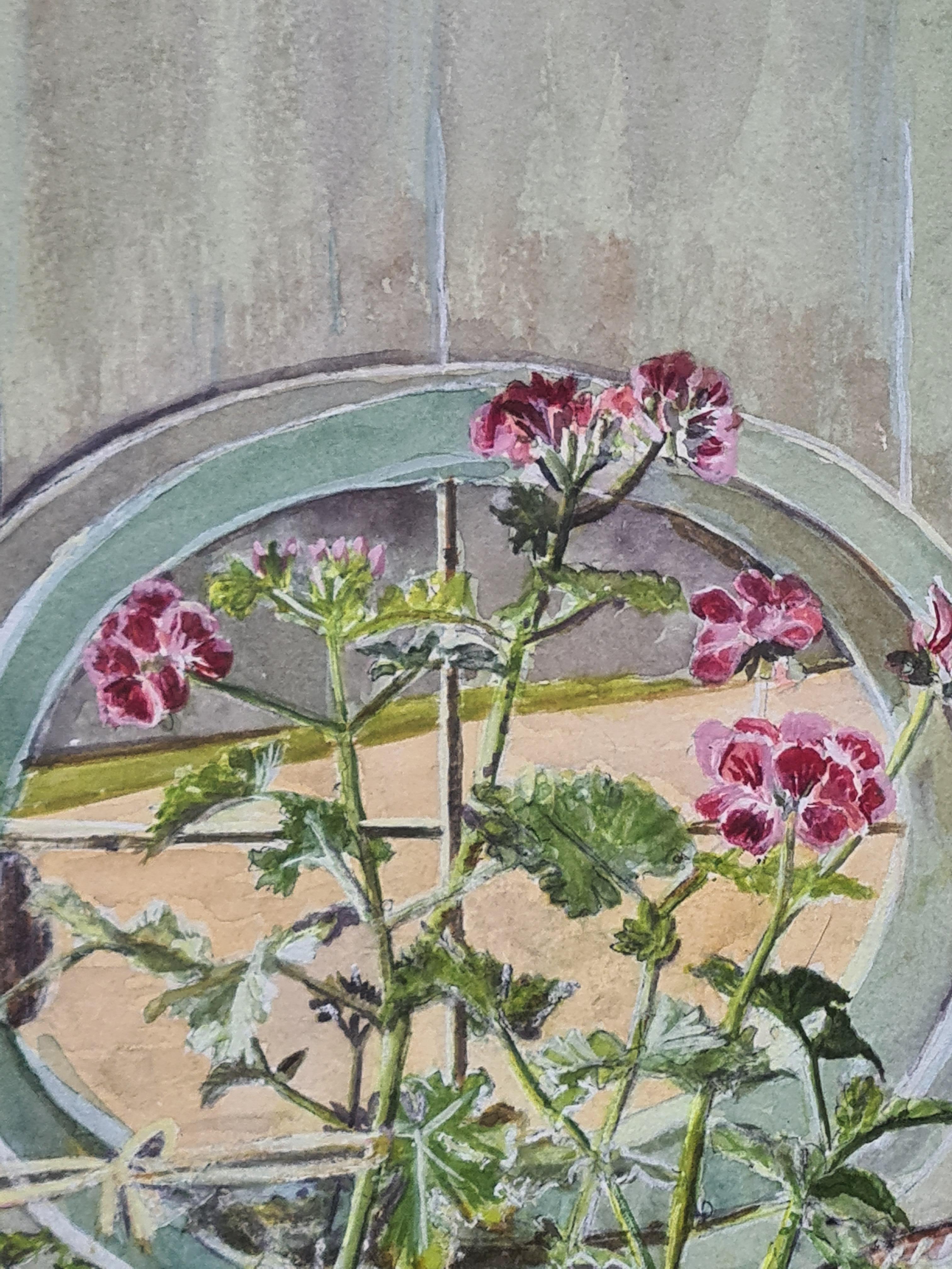 A French watercolour interior view of geraniums in pots in front of a window by A Le Flour. Signed and dated bottom right. Presented in a painted gilt and hessian covered frame under glass.

A very charming view of two geranium plants in their