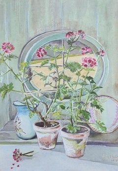 Vintage Still Life With Geraniums, French Interior Scene