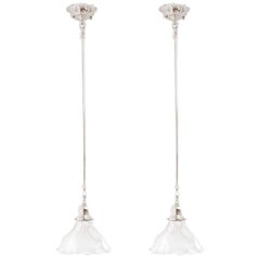 A Lead Crystal Holophane Shade on Nickel, Reeded Pendant