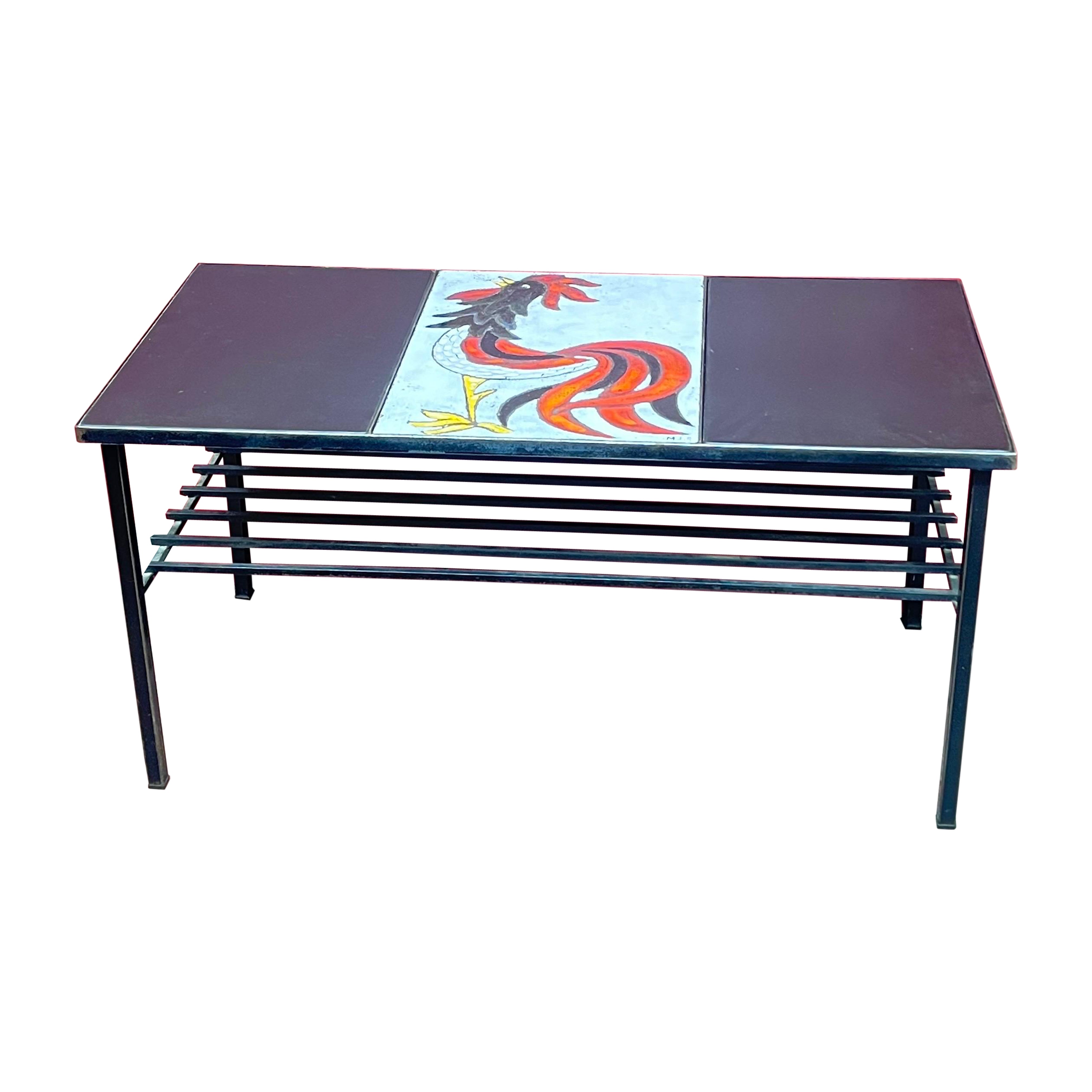 A leather ceramic iron coffee table circa 1950 For Sale