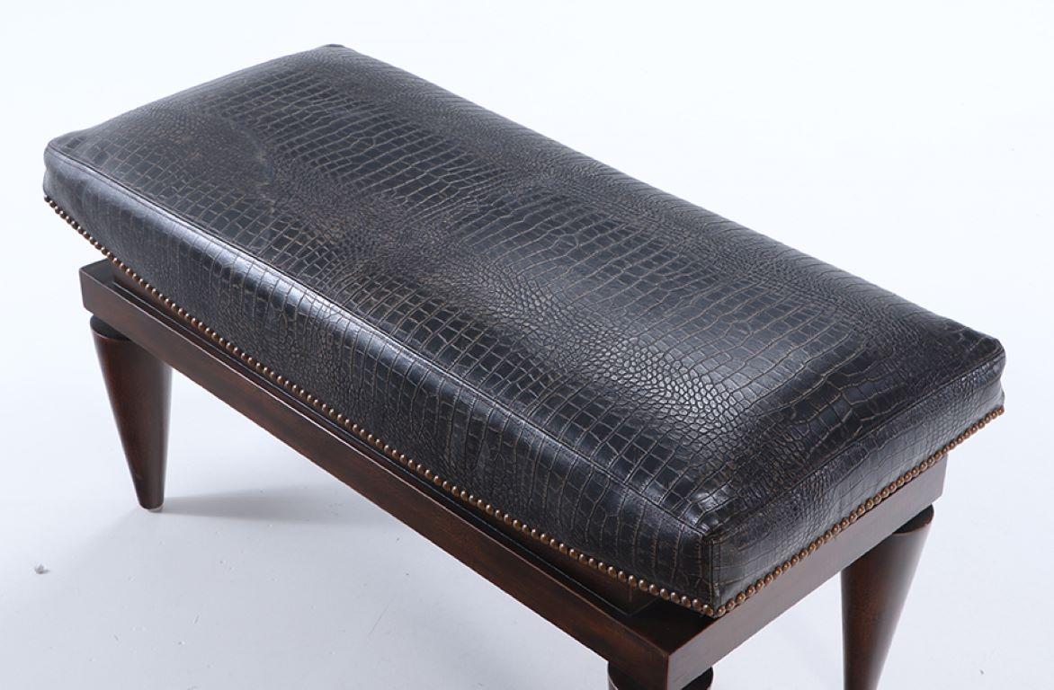 Mid-Century Modern A leather covered mahogany bench with alligator design,  manner of Andre Arbus For Sale