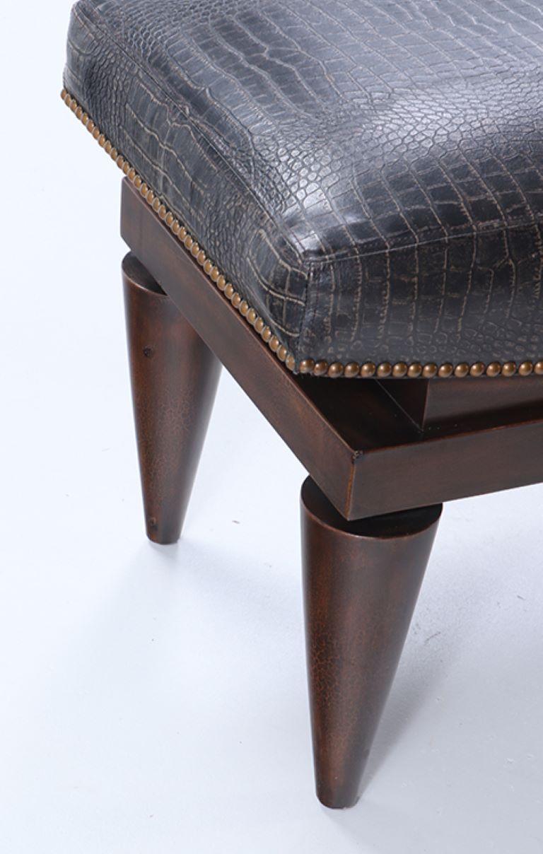 A leather covered mahogany bench with alligator design,  manner of Andre Arbus In Good Condition For Sale In Philadelphia, PA