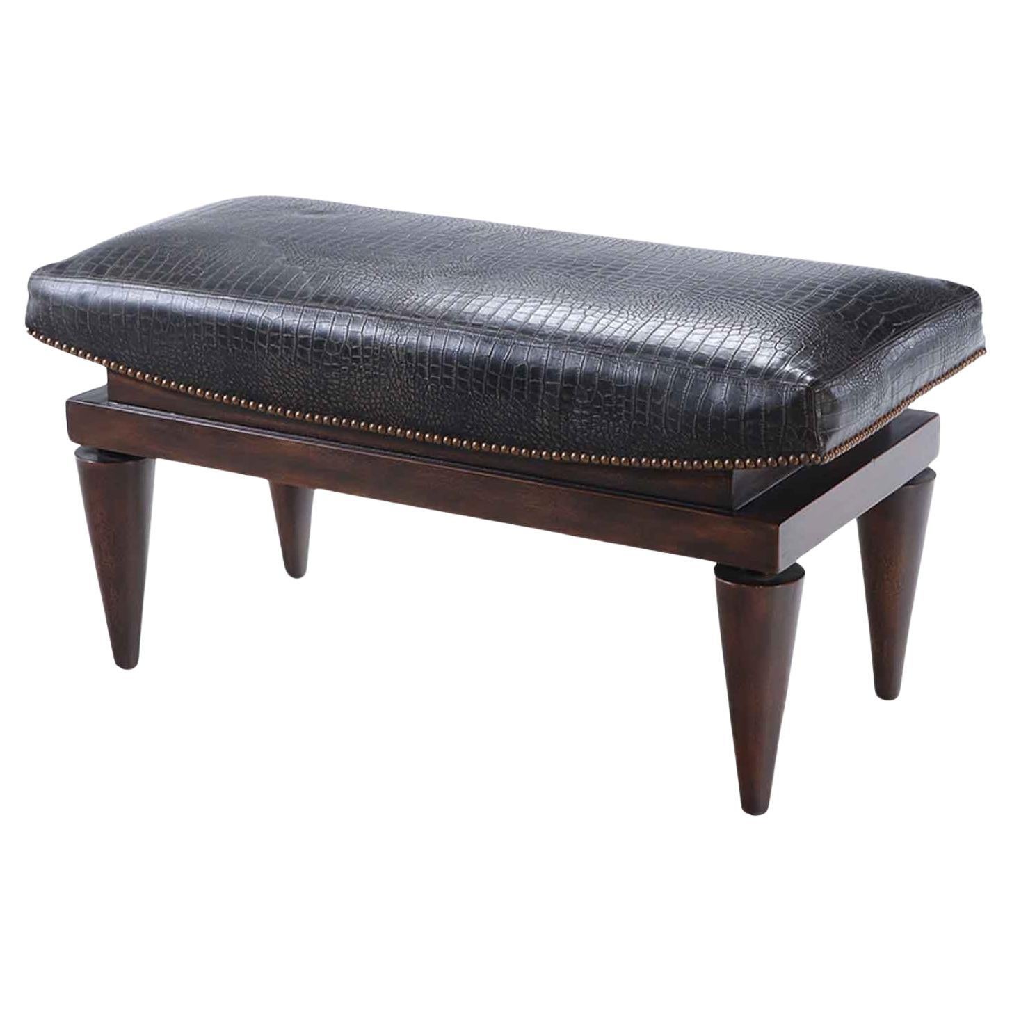 A leather covered mahogany bench with alligator design,  manner of Andre Arbus For Sale