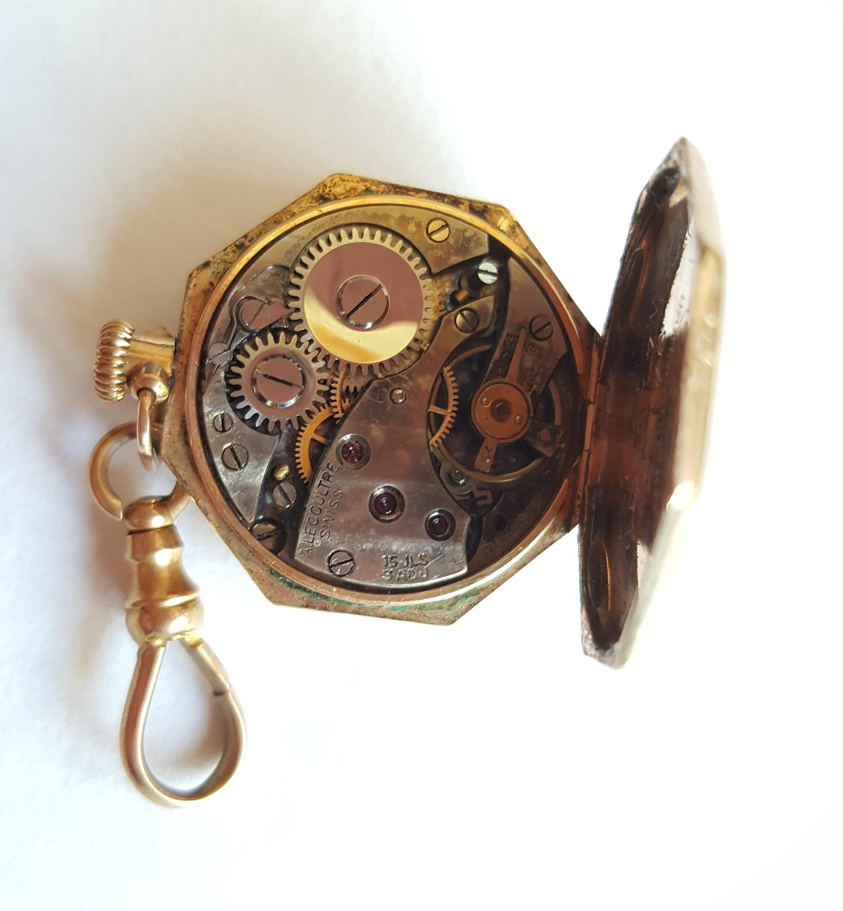 Vintage Gold Plated Mini Pocket / Pendant Watch, 1920', Octagon, Working, A. LeCoultre Swiss, 15 Jewel, 3 Adj, Gold Face, Black Numerals. The watch is 24 by 24 in diameter mm. Engraved Initials on the back. Good Condition.

This watch has not been